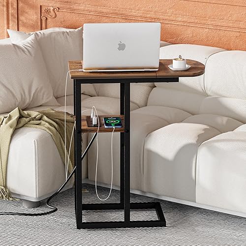 Miniatura 6 de Mesa auxiliar en forma de C con estación de carga, mesa auxiliar para sala de estar y dormitorio, mesa de sofá portátil con puertos USB y puerto de