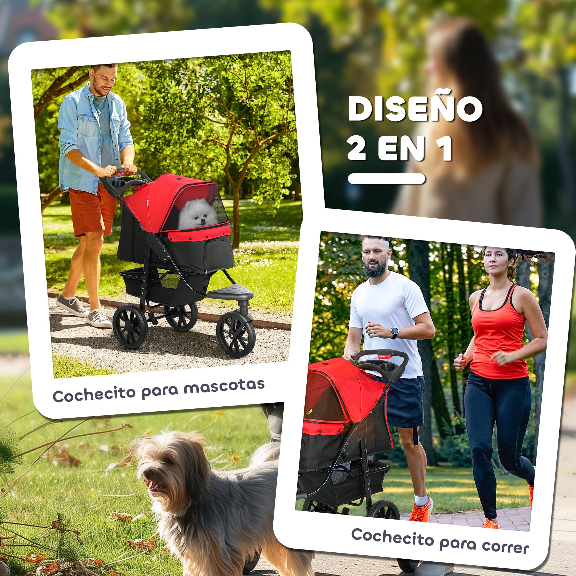 PawHut Carrito para Perros Plegable Cochecito para Mascotas Carrito para Perros Pequeños con 3 Ruedas Ventanas de Malla Cesta y Correas de Seguridad Carga 25 kg 109,5x57,5x106,5 cm Rojo