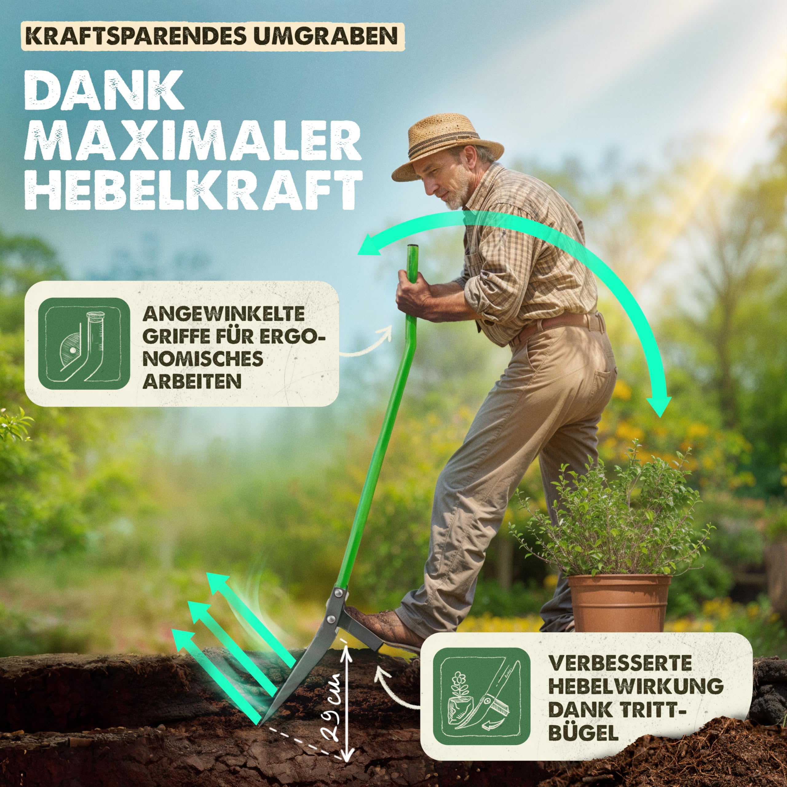 GARLINGO Widelec nagrobny | szerokość 50 cm | z pałąkiem dla maksymalnego efektu dźwigni | Widelec ogrodowy, widelec do grobu, podwójny widelec ogrodowy z zębami