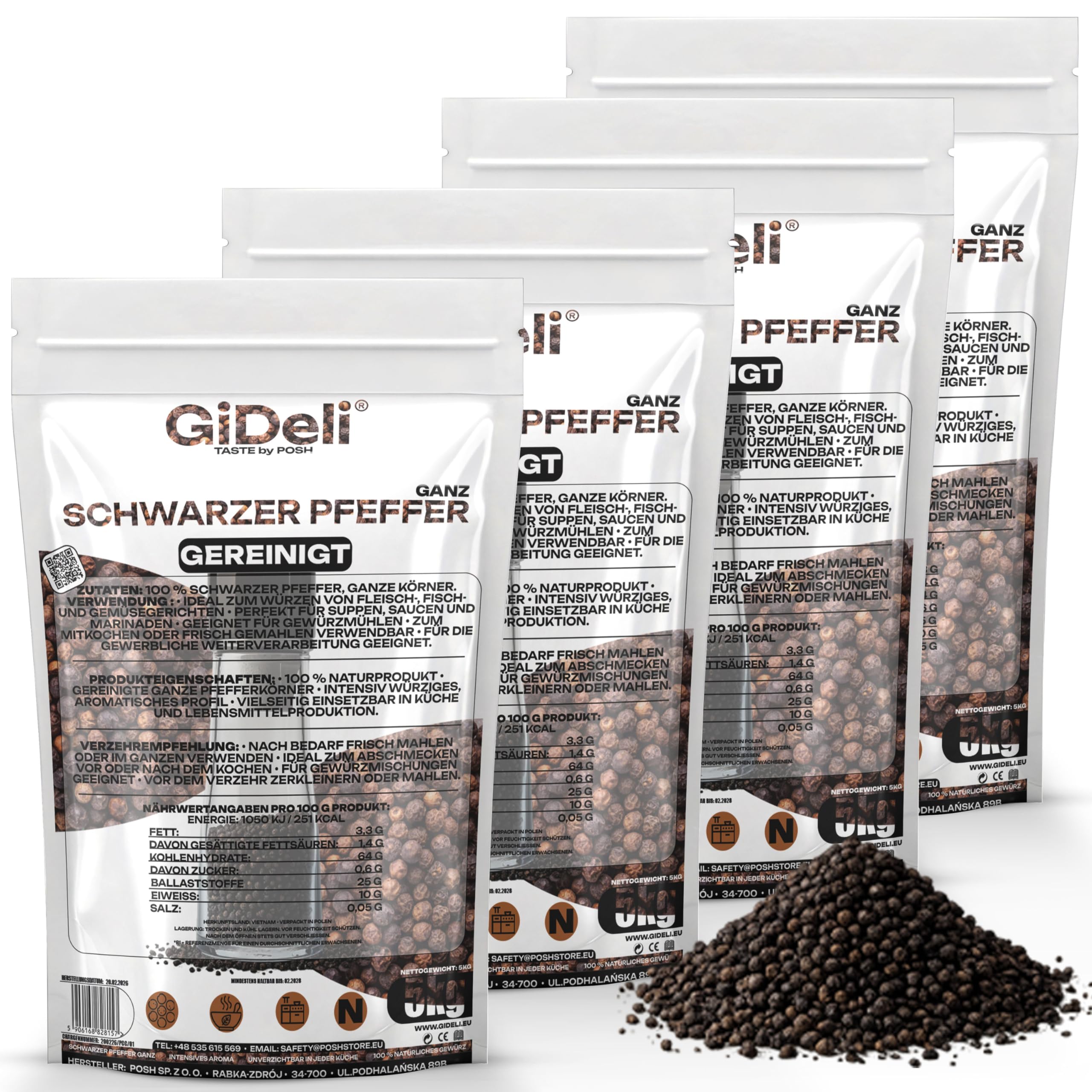 GiDeli Schwarzer Pfeffer Ganz 4 x 5kg - Pfefferkörner - Perfekt für Suppen, Saucen und Marinaden - Für Pfeffermühle geeignet - Aromatisch und Vielseitig - 100% Naturrein ohne Zusätze