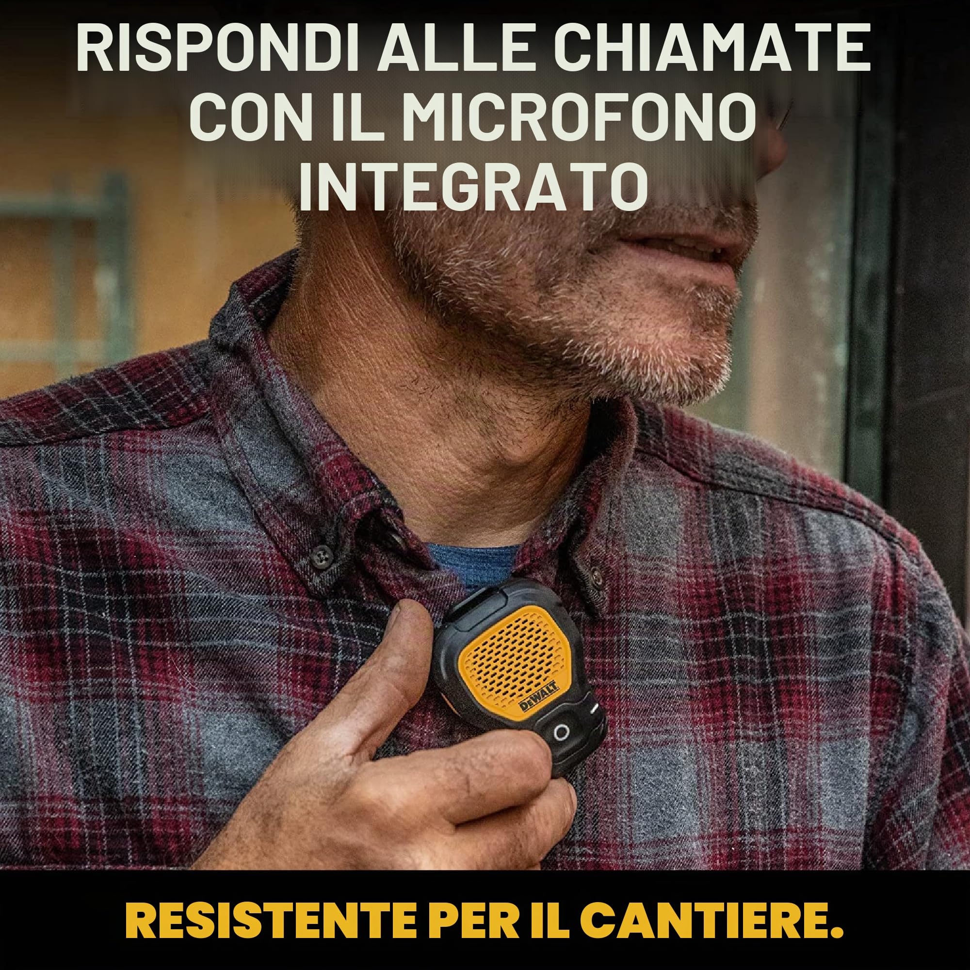 DEWALT Altoparlante Bluetooth indossabile (versione aggiornata), altoparlante portatile impermeabile senza fili, con clip, microfono integrato per musica/chiamate in vivavoce, altoparlante Bluetooth