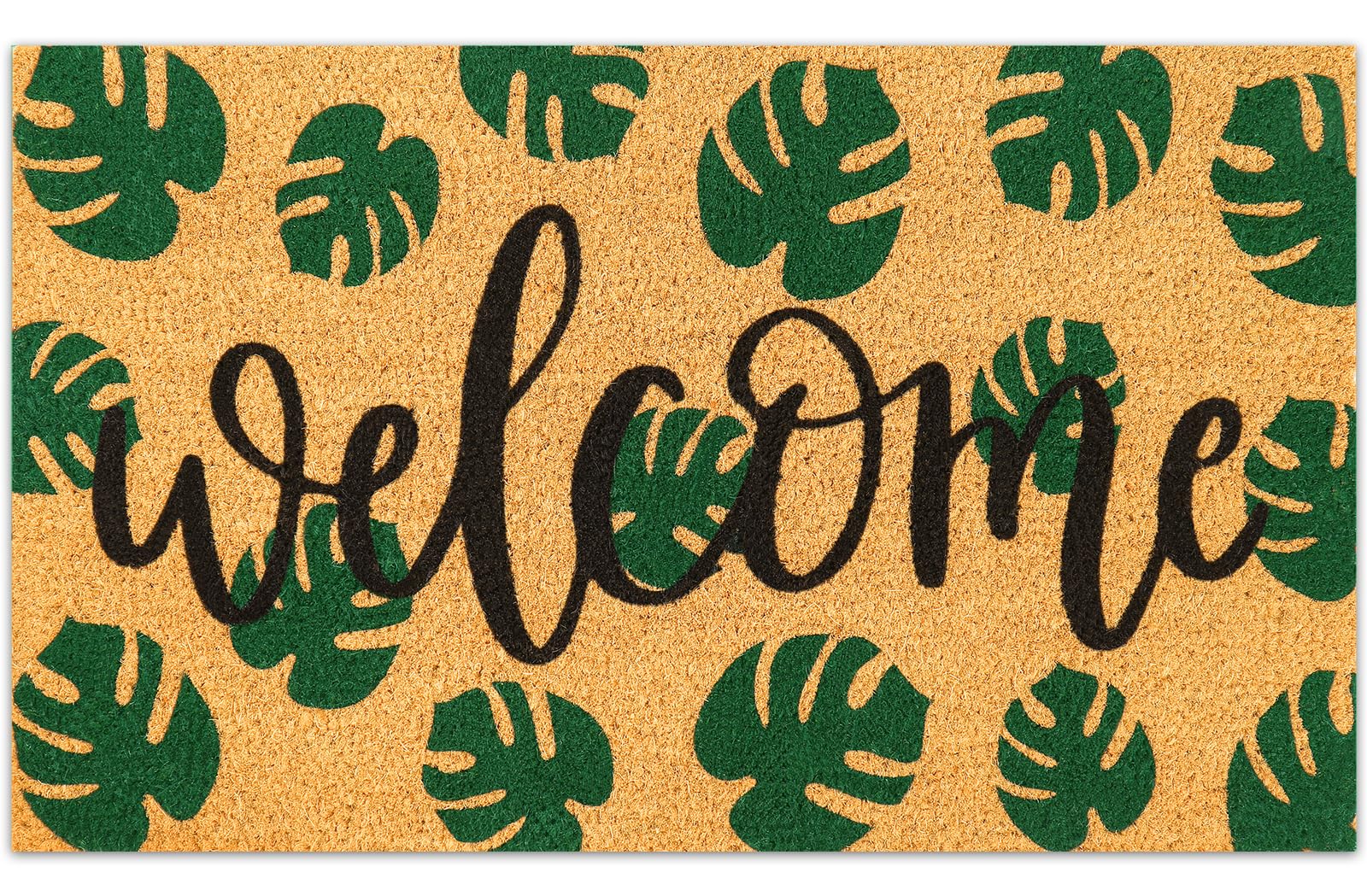 JarThenaAMCS Tropical Natural Coir Door Mat Summer Green Palm Leaf Welcome Floor Mat Non-Slip Entrance Door Rugs for Indoor Outdoor Home Bathroom