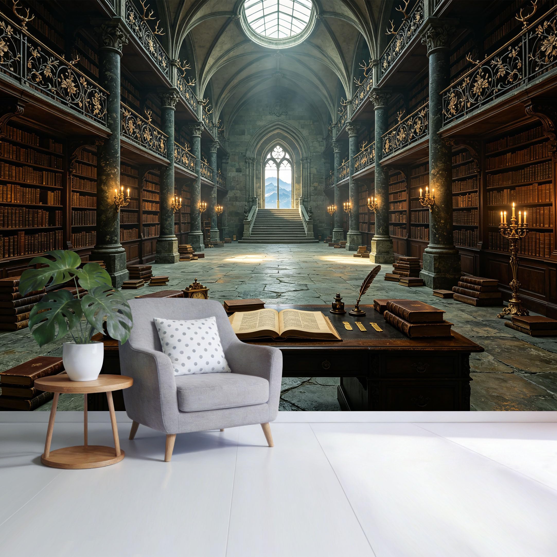 Custom Size Wall Mural Gothic Antique Library Bookshelf 3D Trompe L'Oeil Removable Self Adhesive Fabric， Home Wall Decor for Living Room Bedroom Bathroom Office