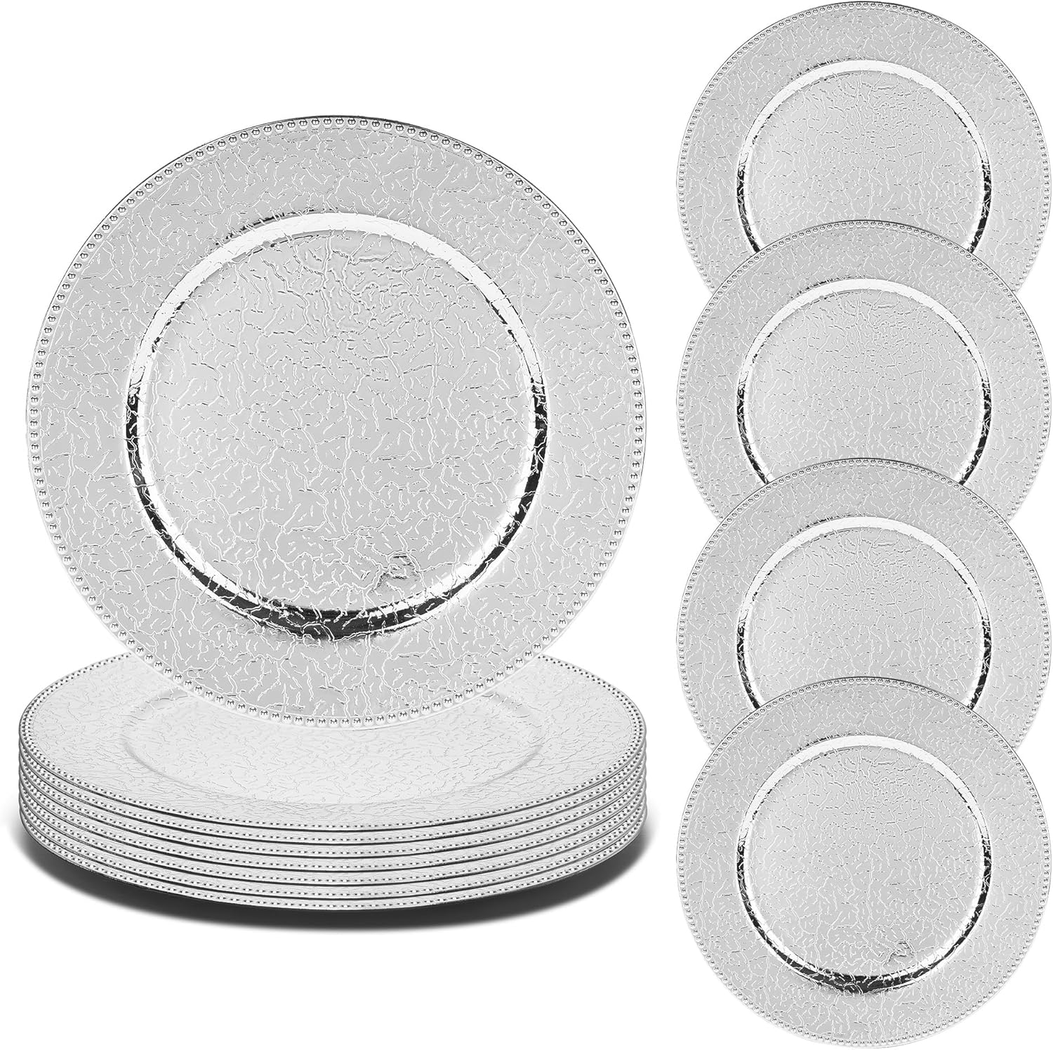 12-Piece Charger Plate Set, Silver Plastic Dinner Chargers 13 Inch for Anniversary Home Decor Table Setting (Lucky Silver, 12 PCS)