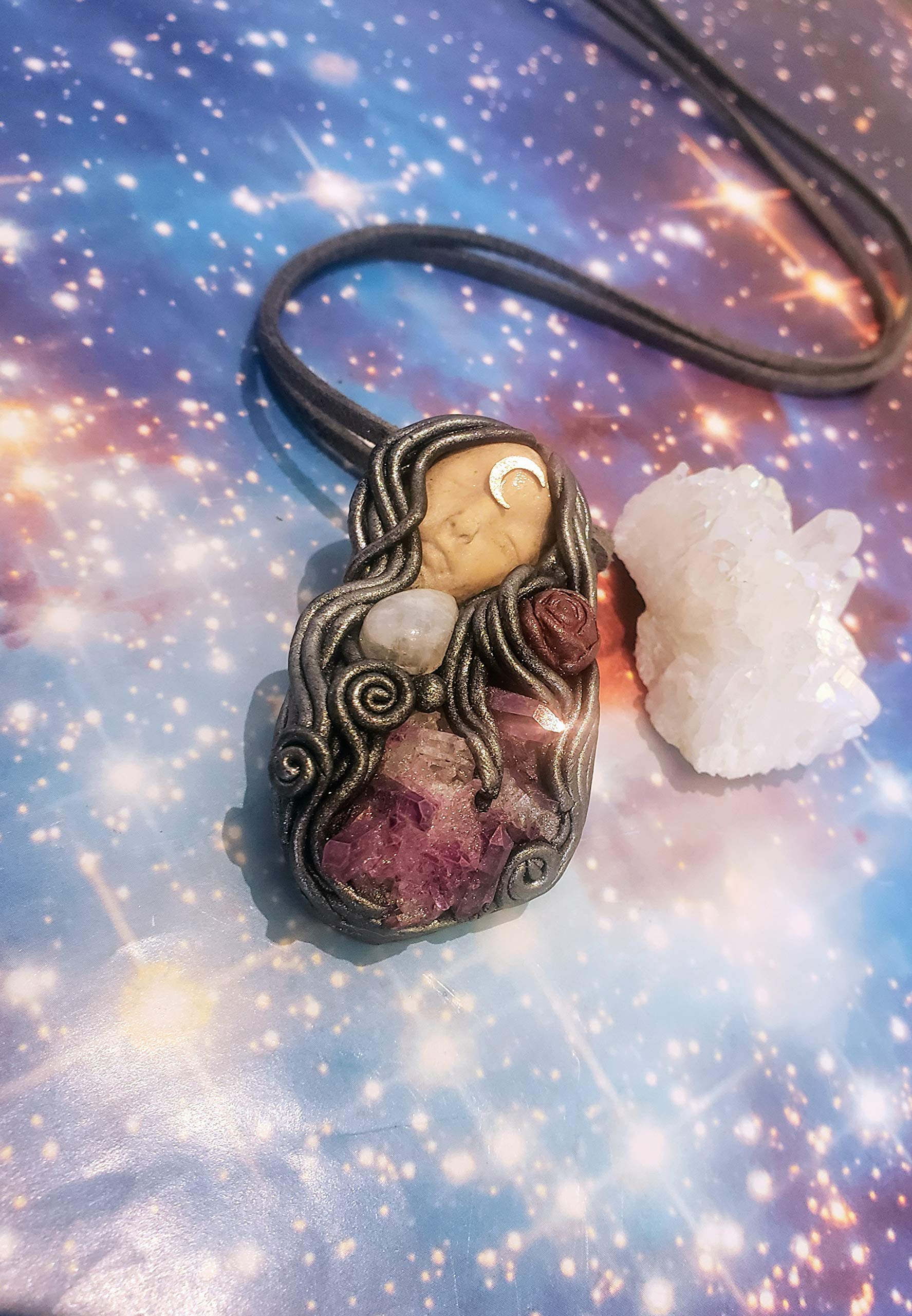 Aphrodite Ruby Rose Aura Quartz with Moon Stone Necklace. Goddes of Love and Beauty Statue figurine Pendant for Divine Feminine (Stykle A: Ruby Aura and Moonstone)