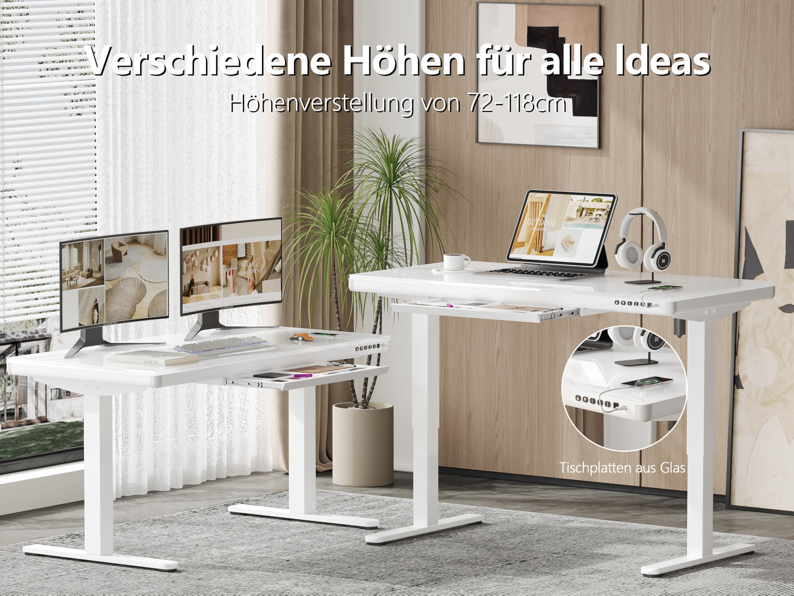 Homall Glas Höhenverstellbarer Schreibtisch, 140 x 70 cm Elektrischer Höhenverstellbarer Schreibtisch mit Schublade, Sitz- und Steh-Schreibtisch für Home Office, weiß