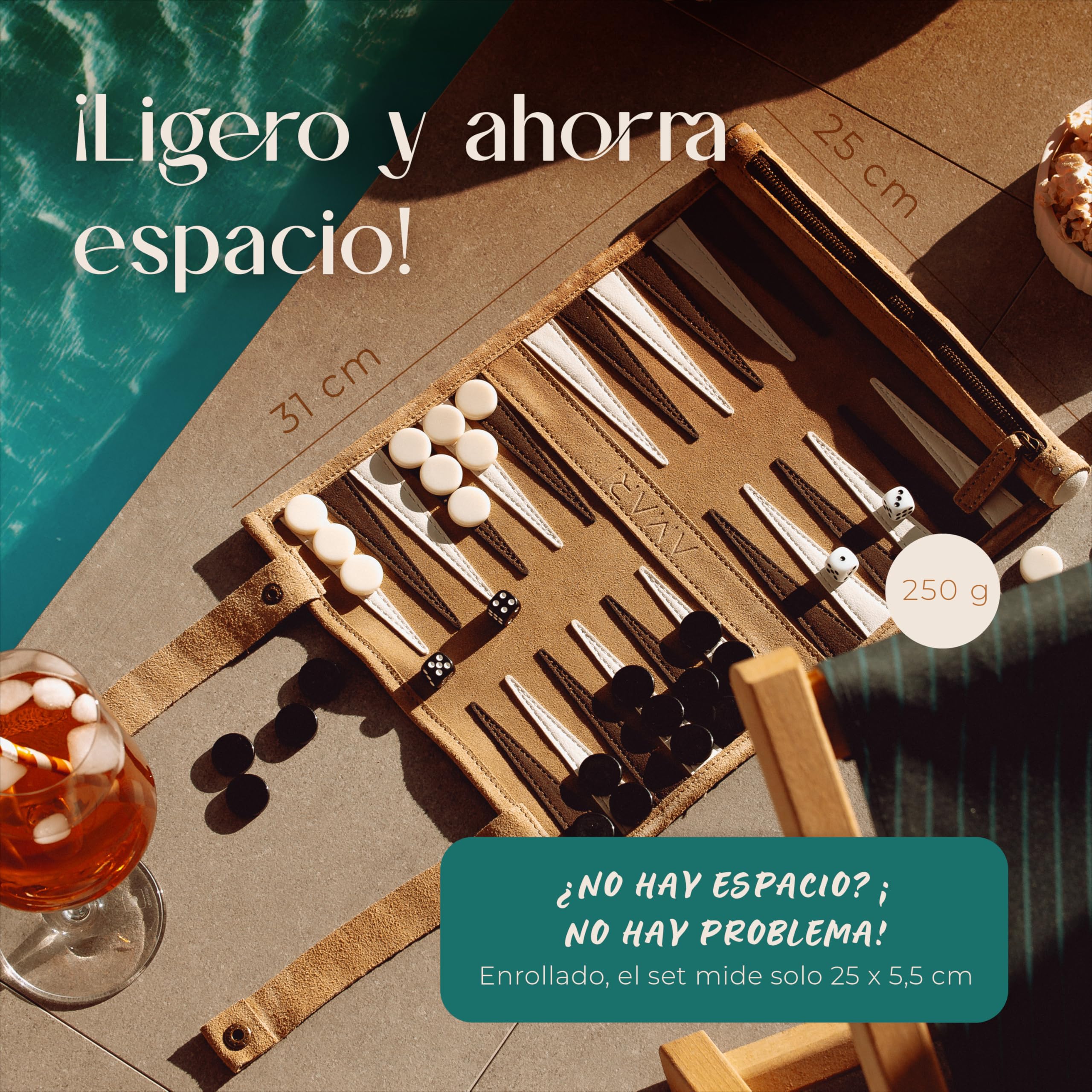 Amari ® Backgammon de Viaje de Piel 100% - Backgammon Enrollable para Viajes y Viajes - Back Gammon Maleta - Juego de Piel
