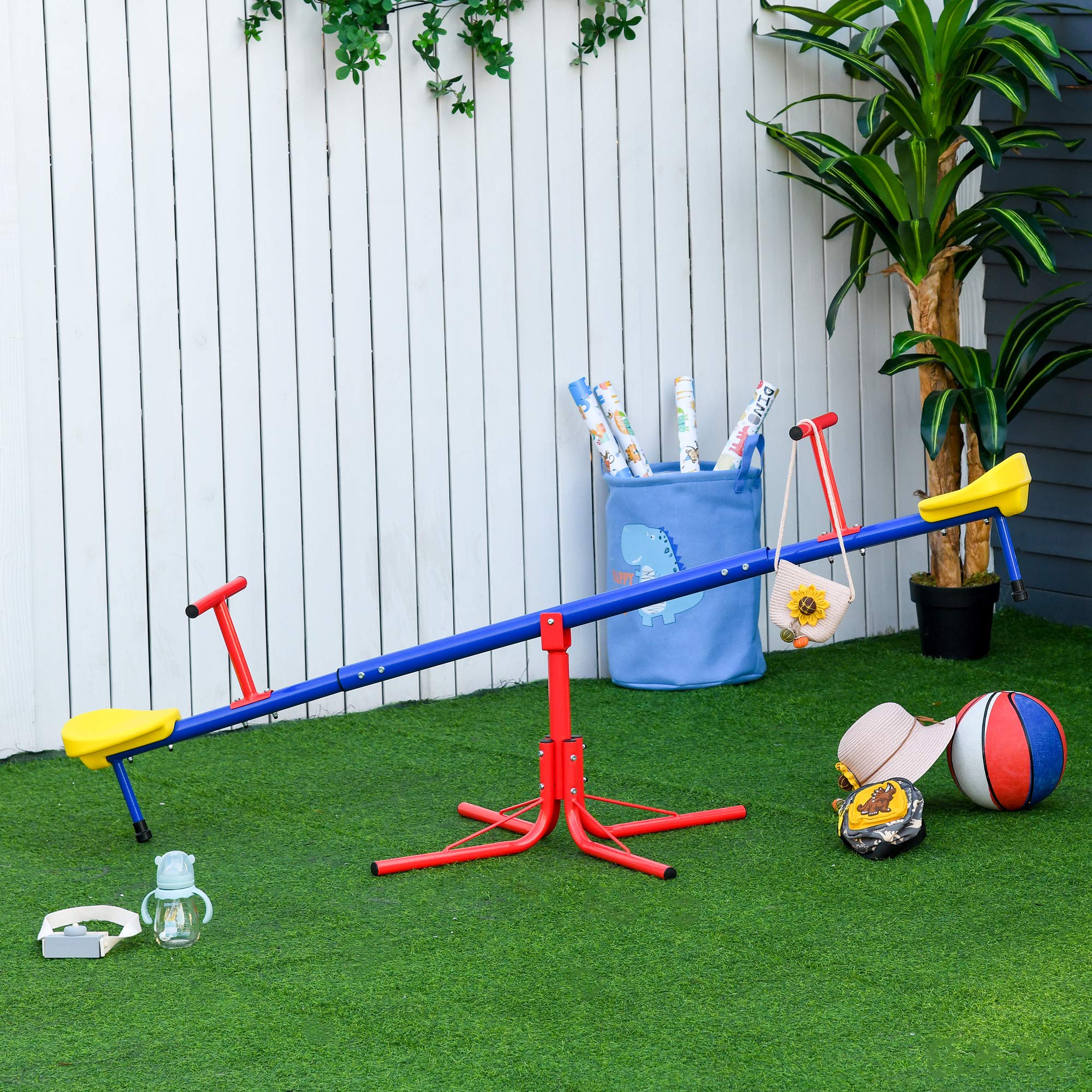 Outsunny Altalena per Bambini Doppia a Bilico Girevole a 360° in Metallo e PP, Età 3-8 Anni, 182x77x63cm Multicolore