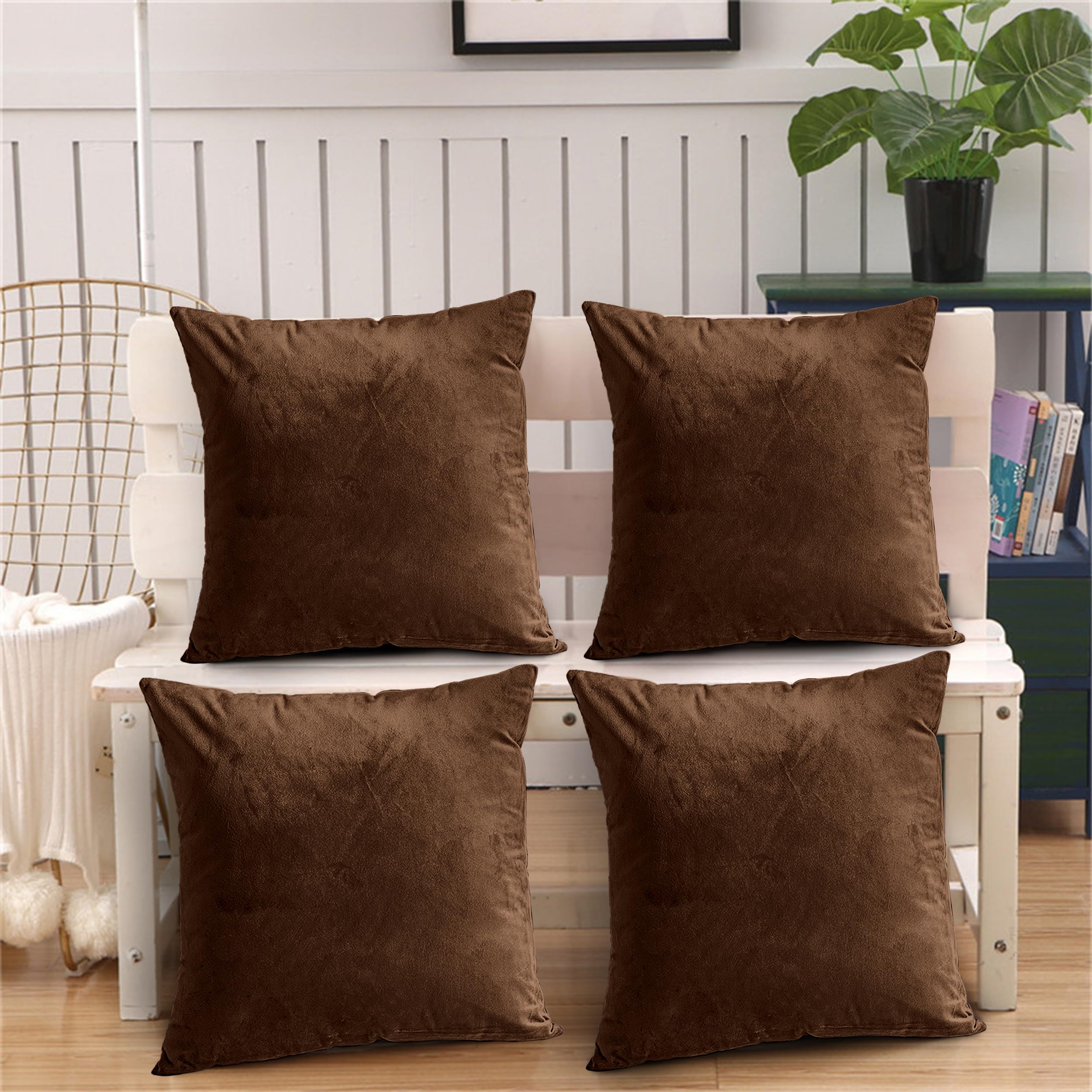 Oxford Homeware Brown Cushion Covers 45Cm X 45Cm (Pack Of 4) Decorative Velvet Cushions Cover For Living Room Sofa Bedroom With Invisible Zipper, 18 X 18 Inches