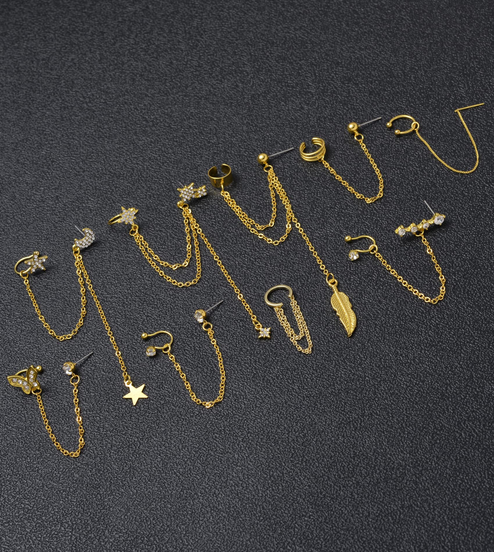 20Pcs Ear Cuff Earrings Clips On Helix Cartilage Dangle Chain Wrap Cuff Earrings for Women Girls Silver Gold Tone Adjustable