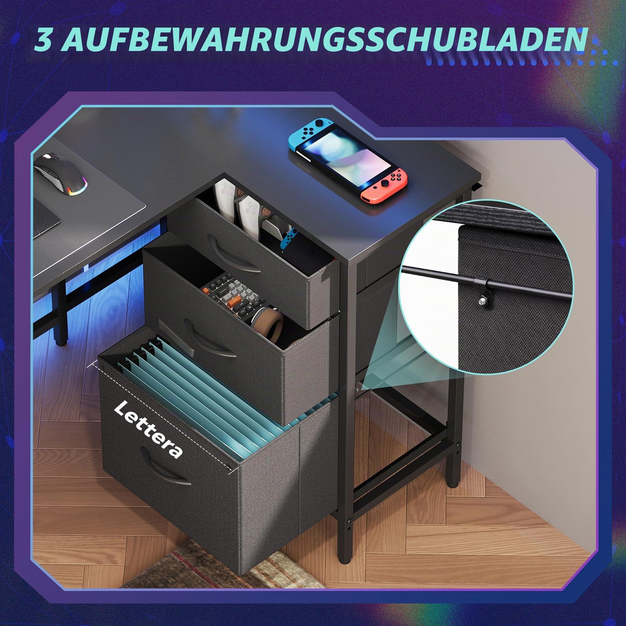 DEVAISE Eckschreibtisch L Form 120 x 80 cm mit Schubladen mit Steckdose und USB, Computertisch mit Ablageflächen für Homeoffice, Gaming & Schlafzimmer, Schwarz