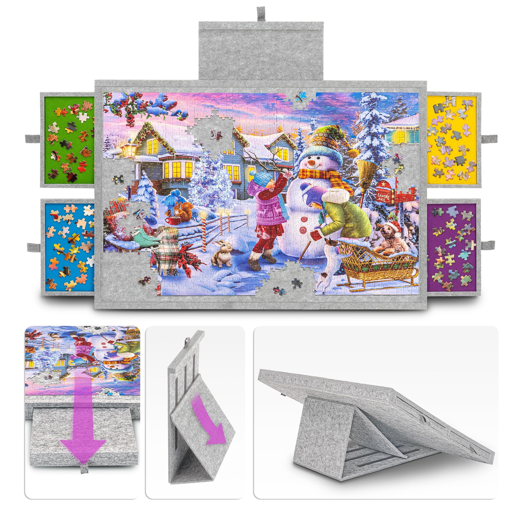 Tektalk Portable Jigsaw Puzzle Table with Integrated Adjustable Stand/Bracket and Removable Cover, 3-Tilting-Angle Super Lightweight Felt Puzzle Plateau Board, for Up to 1000 Pieces - Light Gray