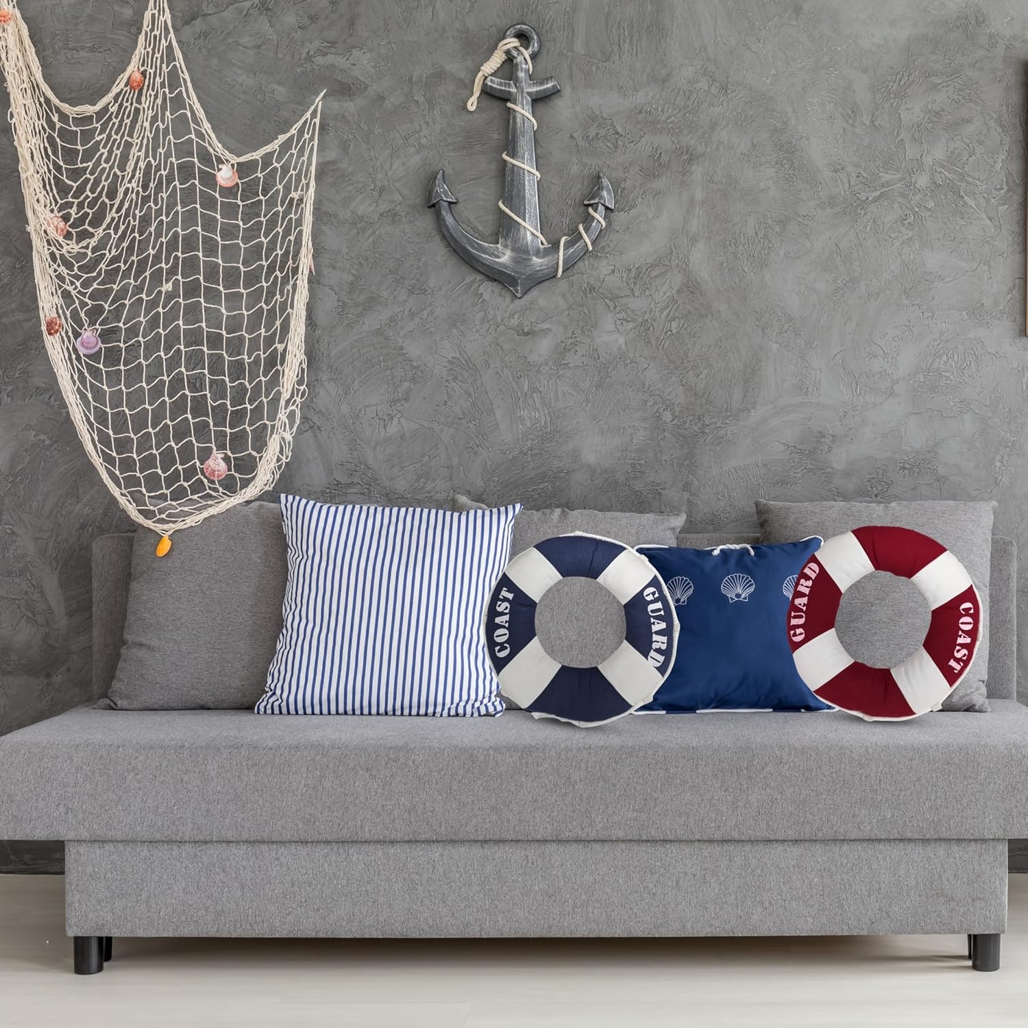 Set of 2 Decorative Life Ring Cushions – Nautical Fabric Throw Pillows – Lifebuoy-Inspired Home Décor for Coastal, Beach, or Boat Themes – Stylish Accents for Couches, Chairs, and Beds