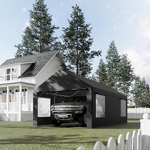 Miniatura 8 de Luckyberry Cochera resistente de 12 x 20 pies con ventanas ventiladas enrollables, garaje portátil con paredes laterales y puertas extraíbles para