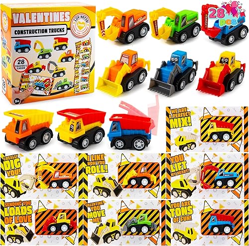 JOYIN 28 Valentine's Day Mini Construction Vehicle Greeting Cards for Kids Classroom Exchange Prizes, Construction Truck Toys Party Favor Gifts