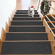 Non-Slip Stair Treads for Wooden Steps Indoor, 15 Pack 8" X 30" Edging Stair Rugs with TPE Backing, 0.4" Thick Carpet Stair Treads for Kids Elders & Pets, 100% Polyester Soft Stair Runners, Dark Grey