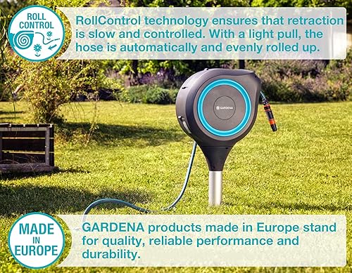 Miniatura 5 de Carrete de manguera retráctil automático de 66 pies con estaca de metal de Gardena, estándar, turquesa, 18614-20.