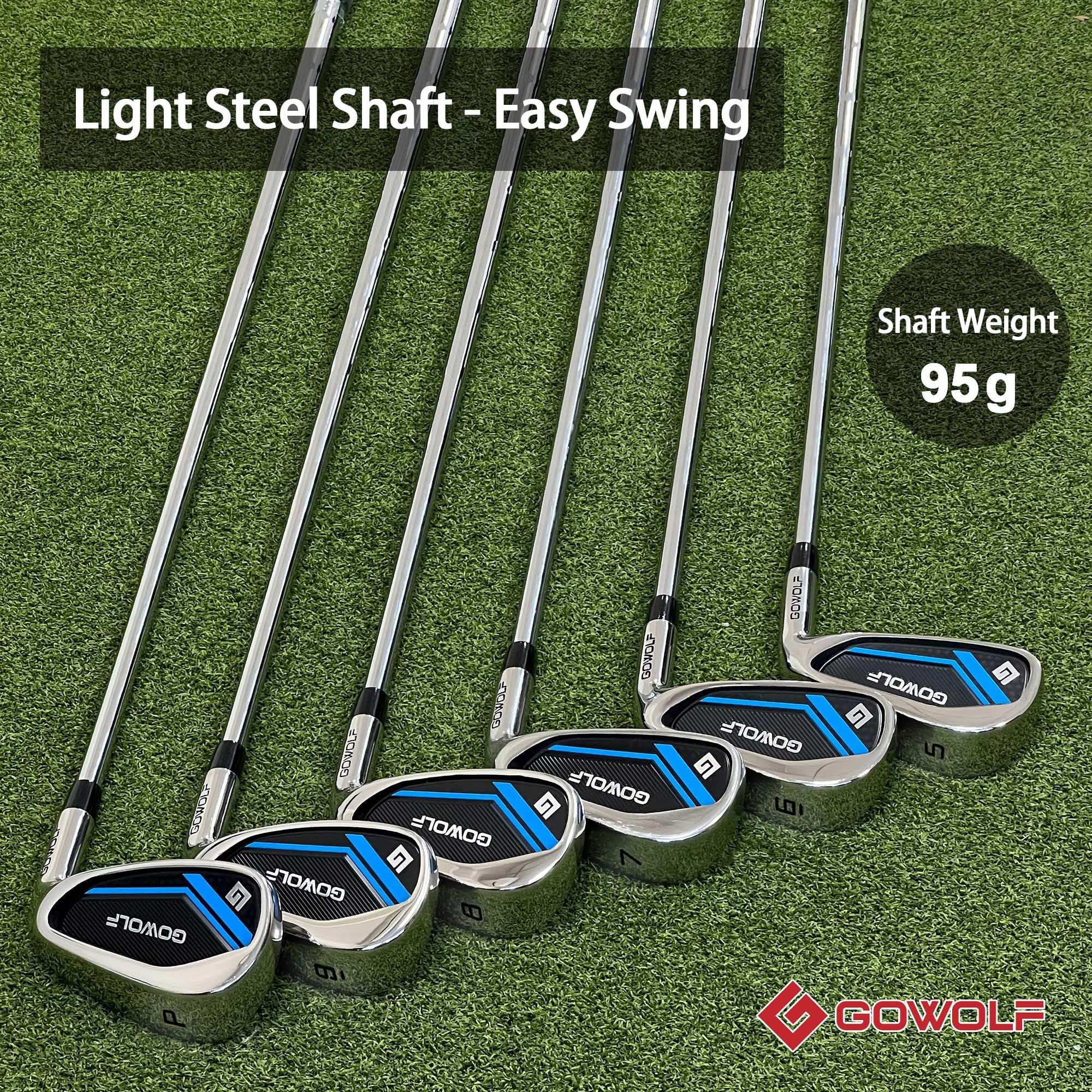 Gowolf Golf-Eisen-Set oder Einzeleisen (5, 6, 7, 8, 9, Pitching Wedge) für Herren, rechte Hand, hochwertiger 95 g Stahlschaft mit tiefen Rillen für extreme Fehlertoleranz, Genauigkeit und maximale