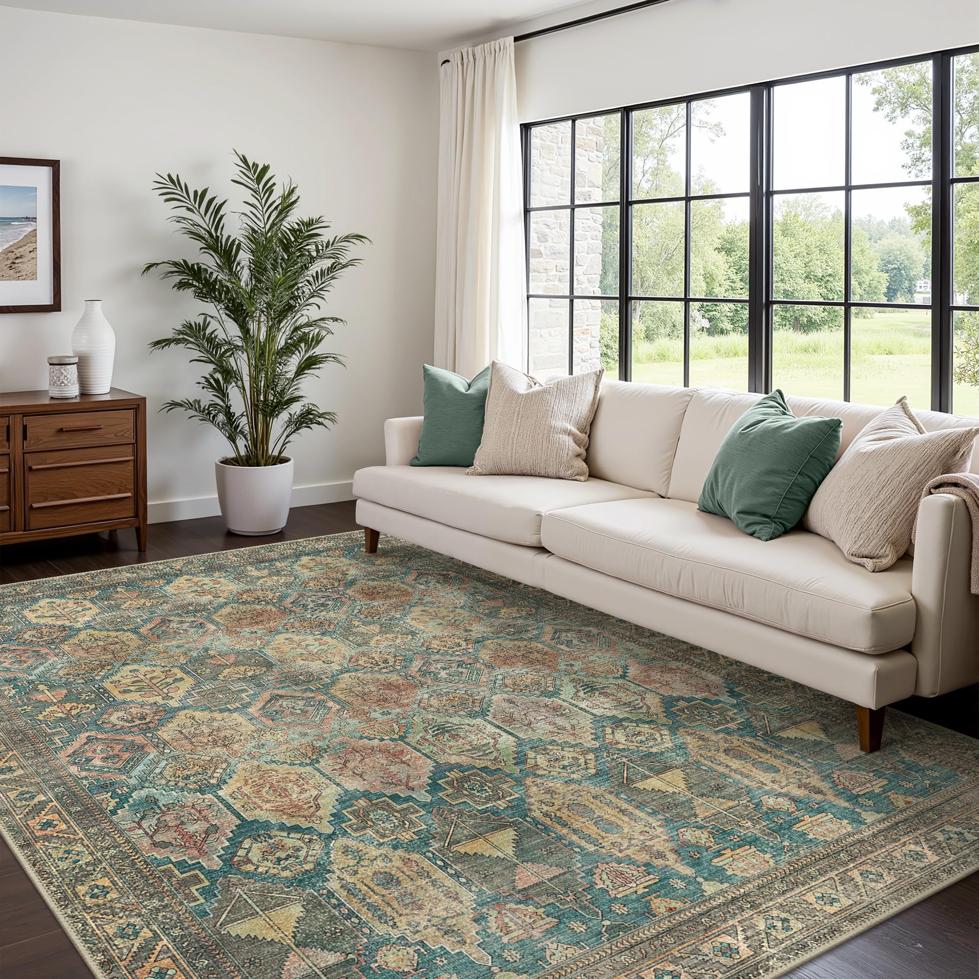 Bavni Washable Rug 5x7 Area Rug for Living Room Bedroom Dining, Washable Vintage Print Carpet, Ultra-Thin Low Pile Lightweight Rug with Non Slip