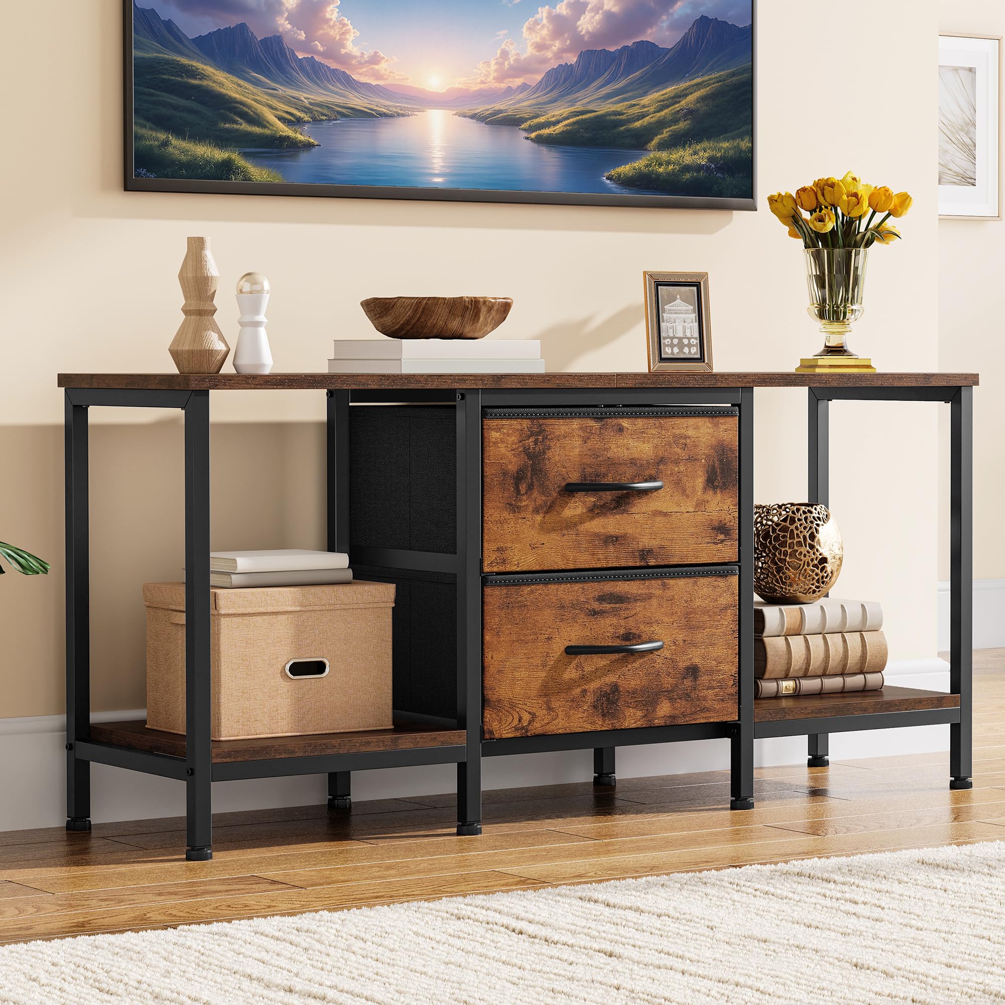 YITAHOME TV Schrank für bis zu 47 Zoll Fernseher, Fernsehtisch Mediaschrank mit 2 Stoffschubladen & 2 Ablagefächern, 110 x 30 x 50 cm Stahlgestell TV Lowboard für Wohnzimmer & Schlafzimmer