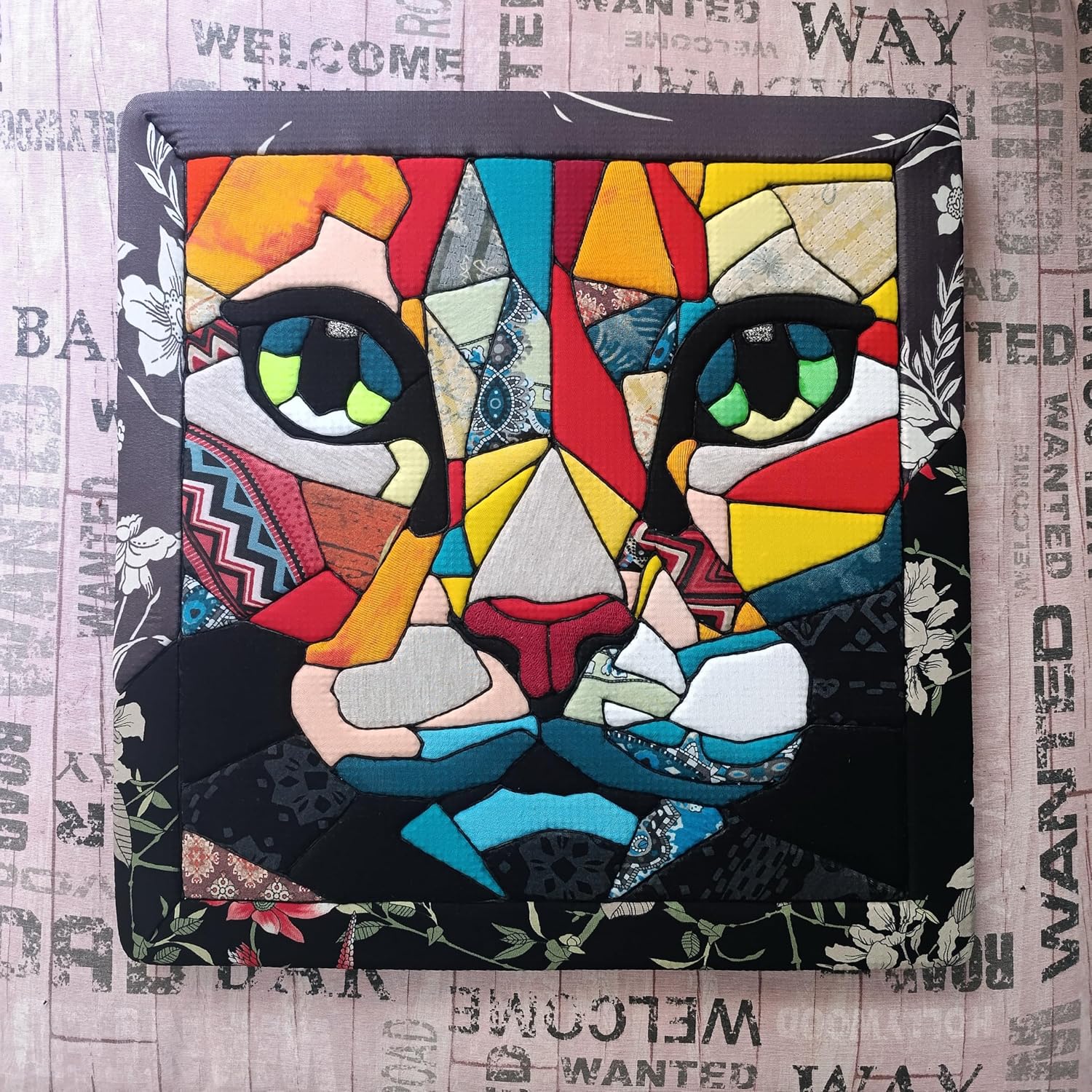 Handmade Textile Pet Portrait Wall Art | Fiber Portrait, Fabric Mosaic, Contemporary Mixed Media, One of a Kind