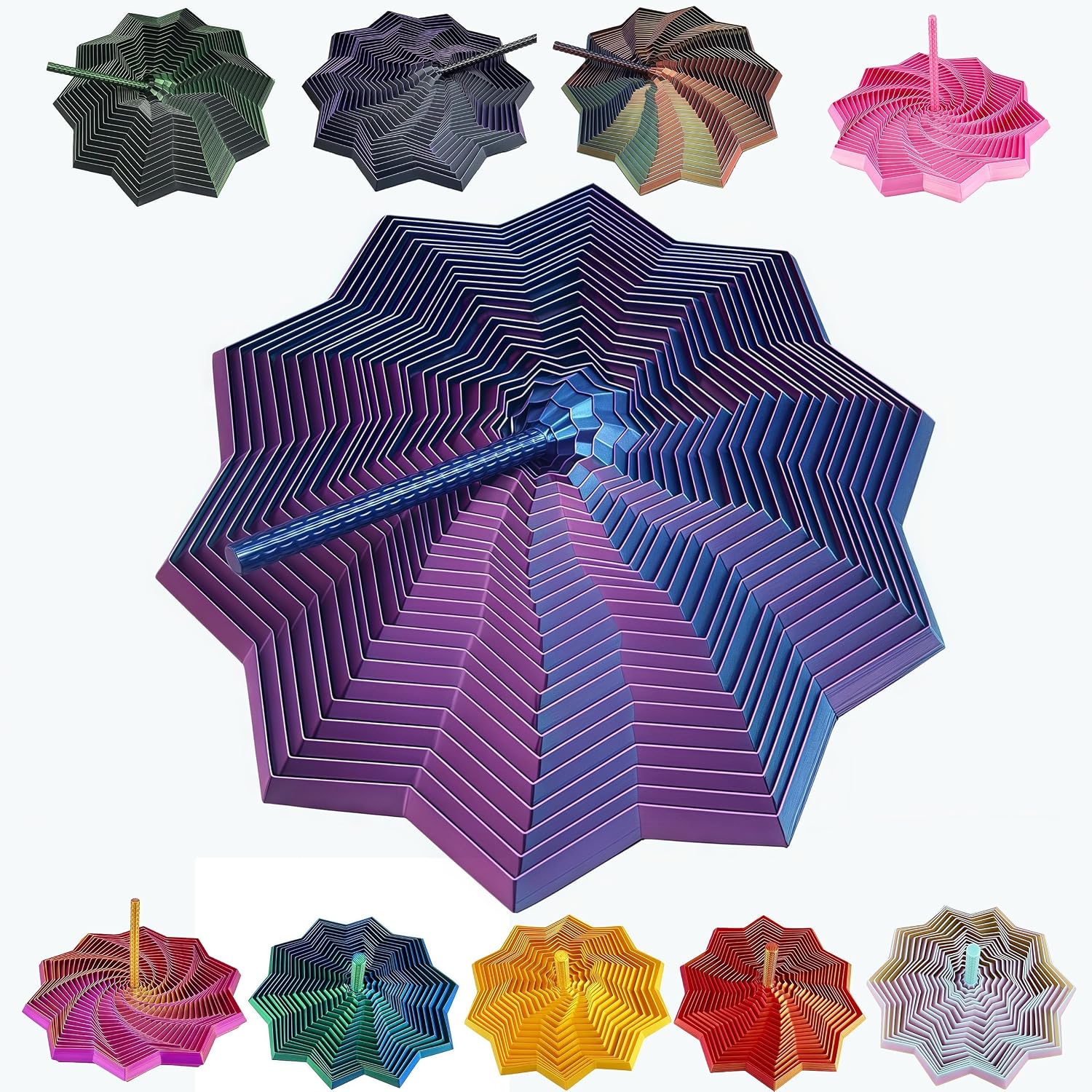3D Printed Expanded Sensory Fidget Star - 2025 Sensory Fidget Star with Handle, Multi-Colored Whirling Spiral 3D Fidget Toy, Multiple Ways to Play for Adult Relieving Stress (Laser Purple,6.7in)