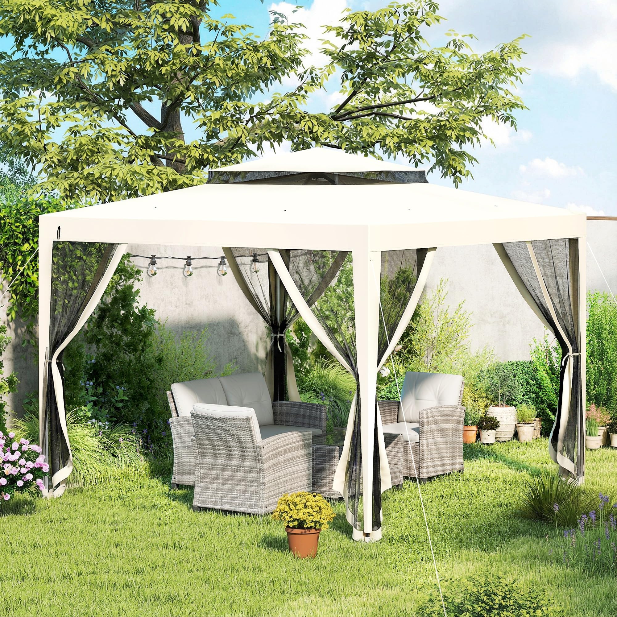 Outsunny Carpa de Jardín 3x3 m Cenador con 4 Mosquiteras Laterales con Cremallera Techo de Ventilación y 8 Orificios de Drenaje Gazebo para Terraza Patio Exterior Beige