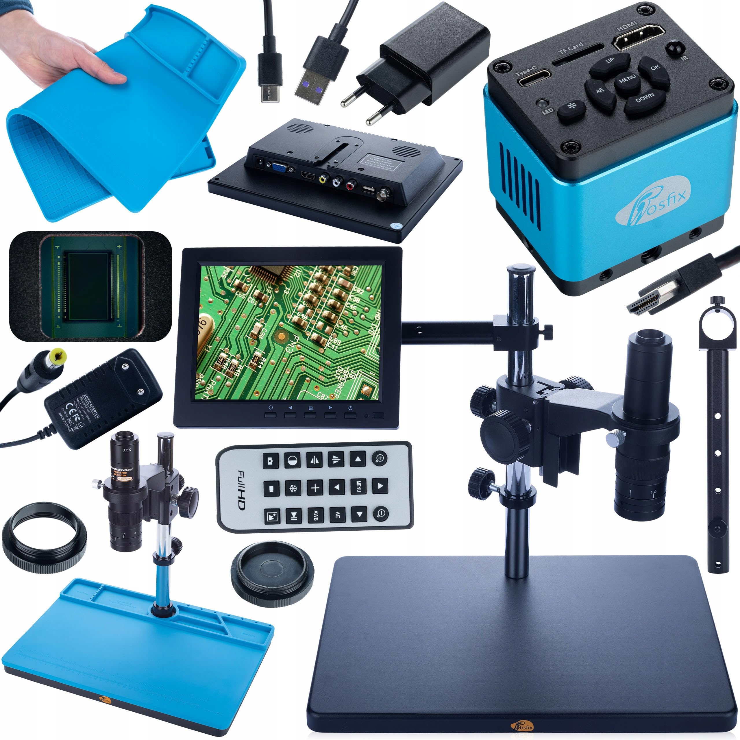Mikroskop cyfrowy Earth Pro MCEP-0.5X + kamera Aquarius PRO KMAP-HDMI-USBC 8,29 MP + mata silikonowa 380 x 260 mm + uchwyt monitora 280 mm + wyświetlacz 8 cali