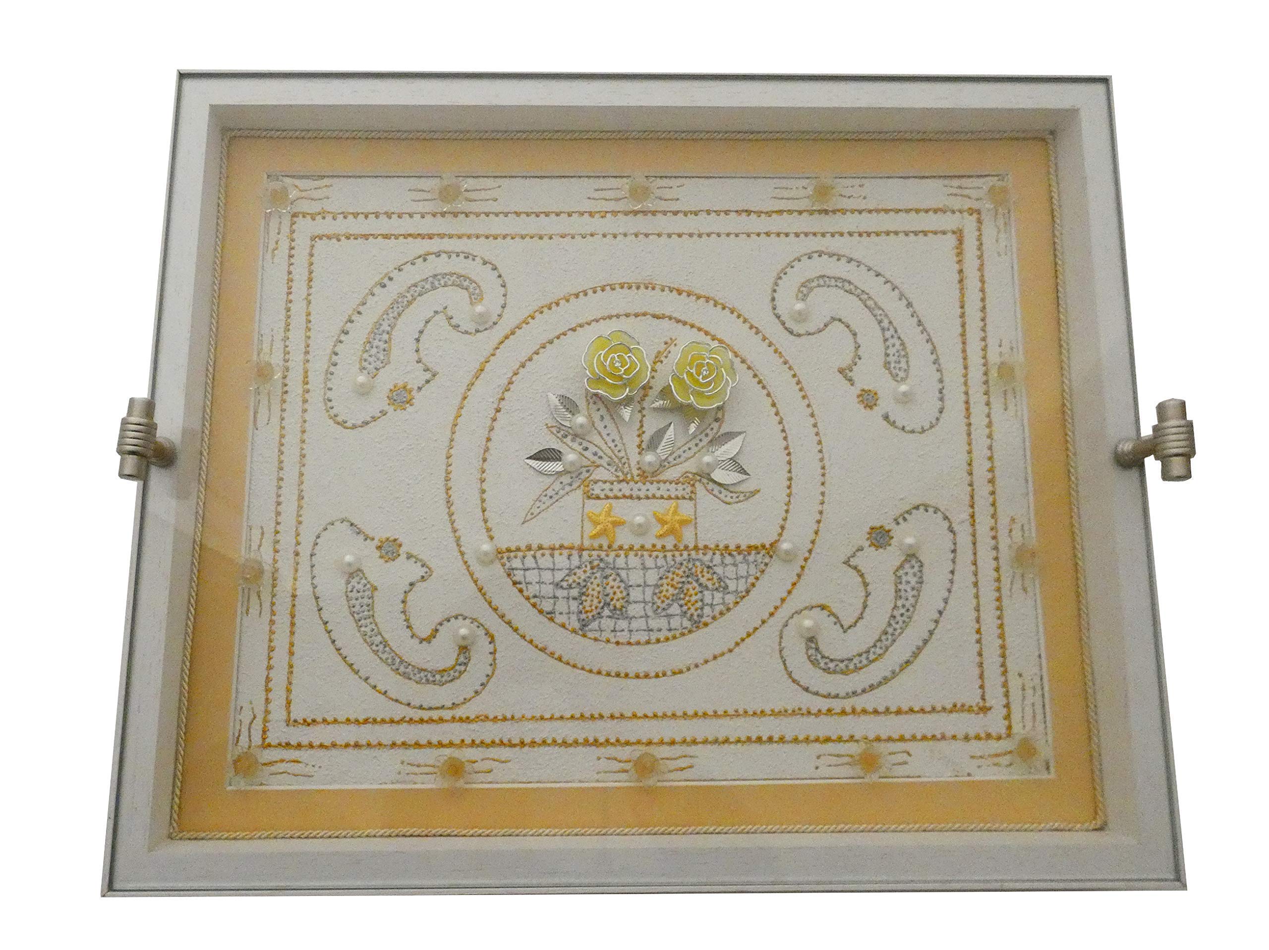 Bandeja decorativa hecha a mano. Incluye puntilla artesanal. Con asas de acero, cristal templado, flor seca. Regalo perfecto para decorar el hogar, salón o aniversario.