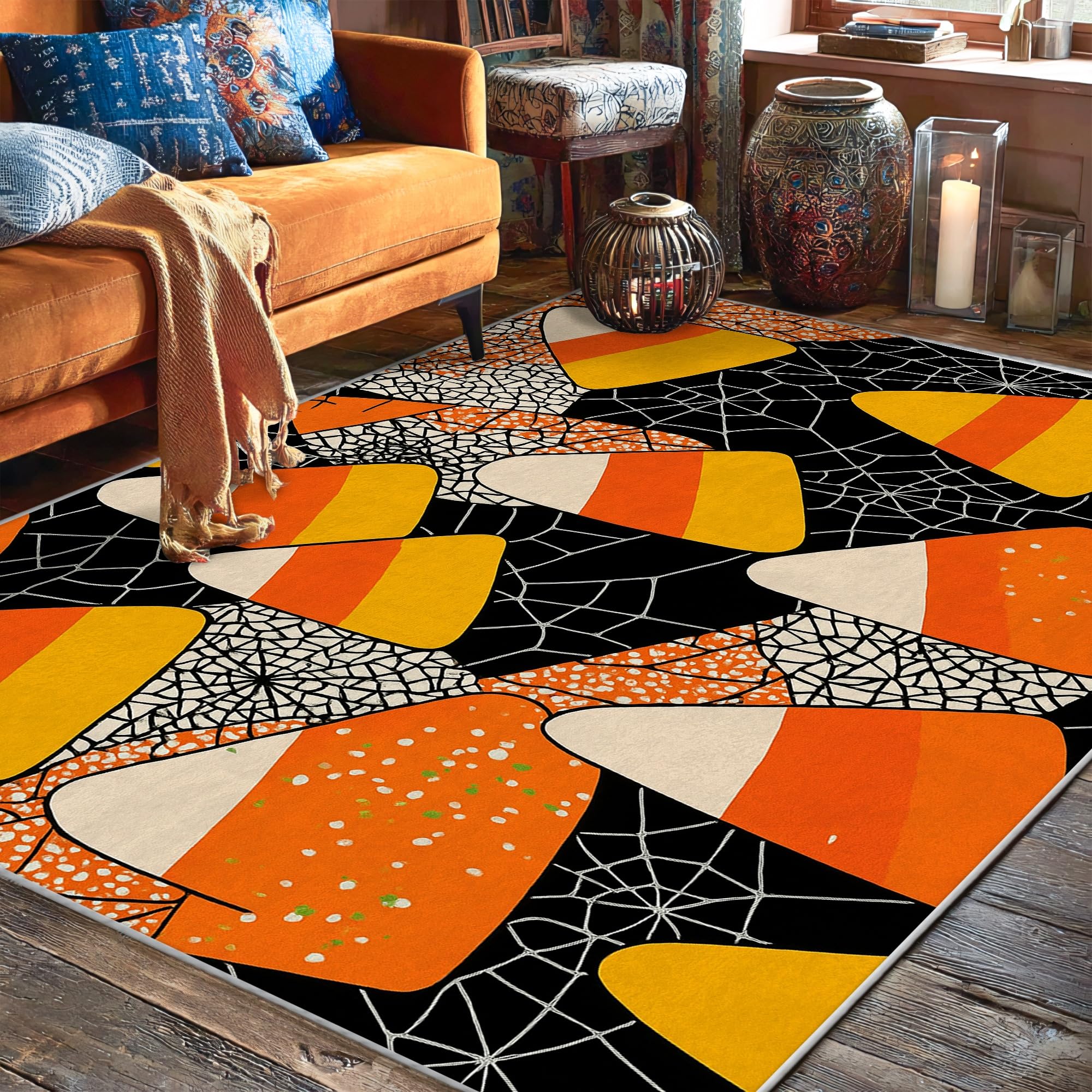 Tapis d'Halloween antidérapant salon chambre cuisine grand tapis toile d'araignée orange