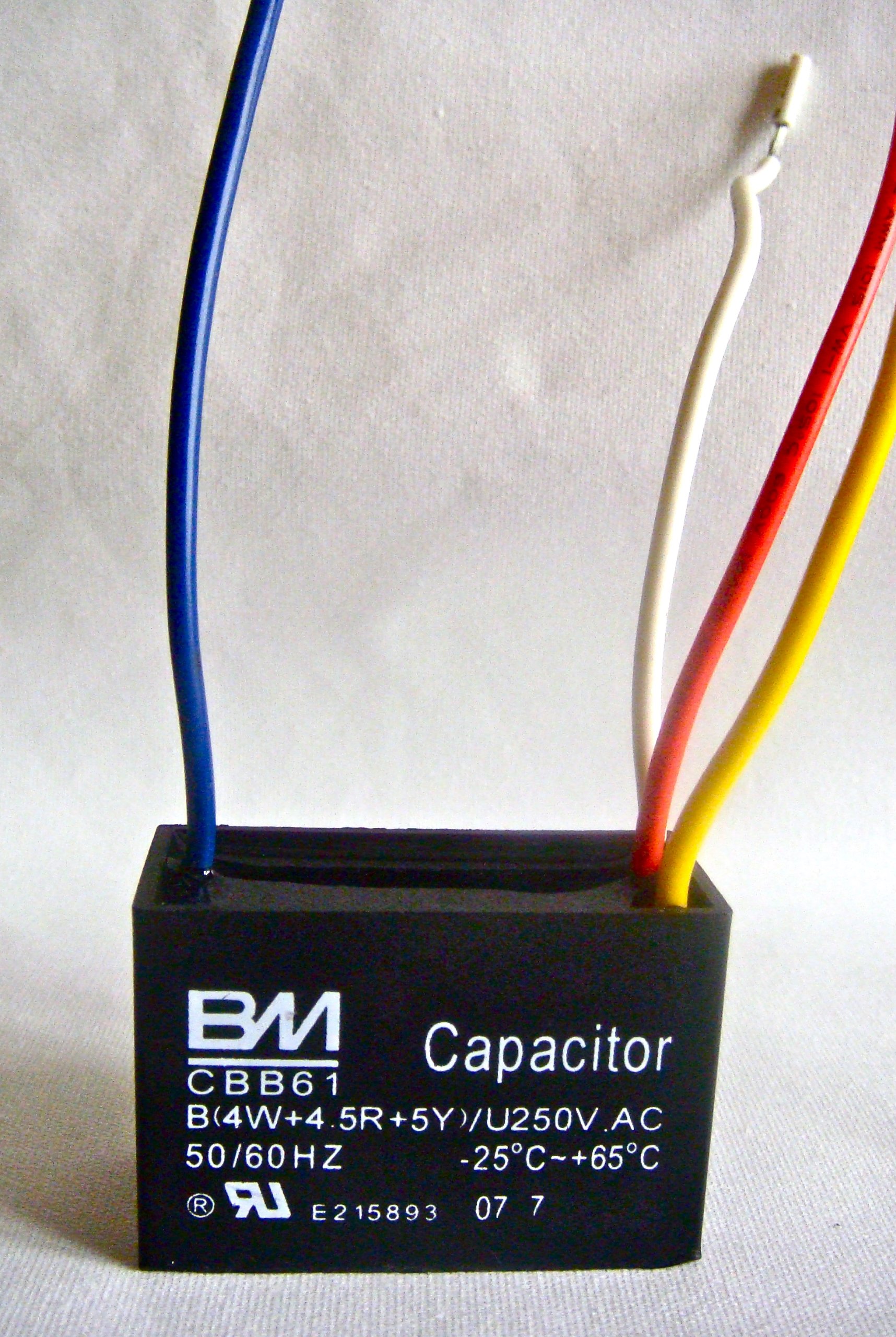 B&M Ceiling Fan Capacitor 4 Wire 4.5/5 F Aluminum Ceramic Plastic Wall Mount Capacitor