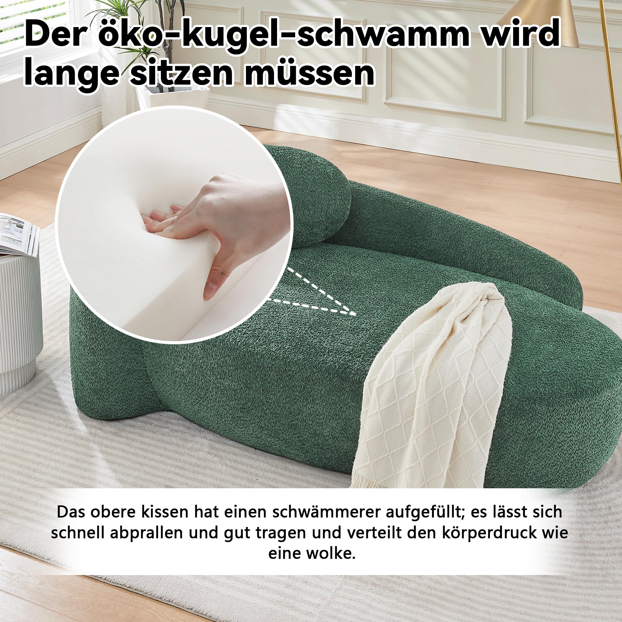 Sofa polarowa z zaokrąglonym wzorem – miękka sofa tapicerowana z przytulnego materiału pluszowego, 1-osobowa z poduszką, do salonu, sypialni, studia (kolor zielony)