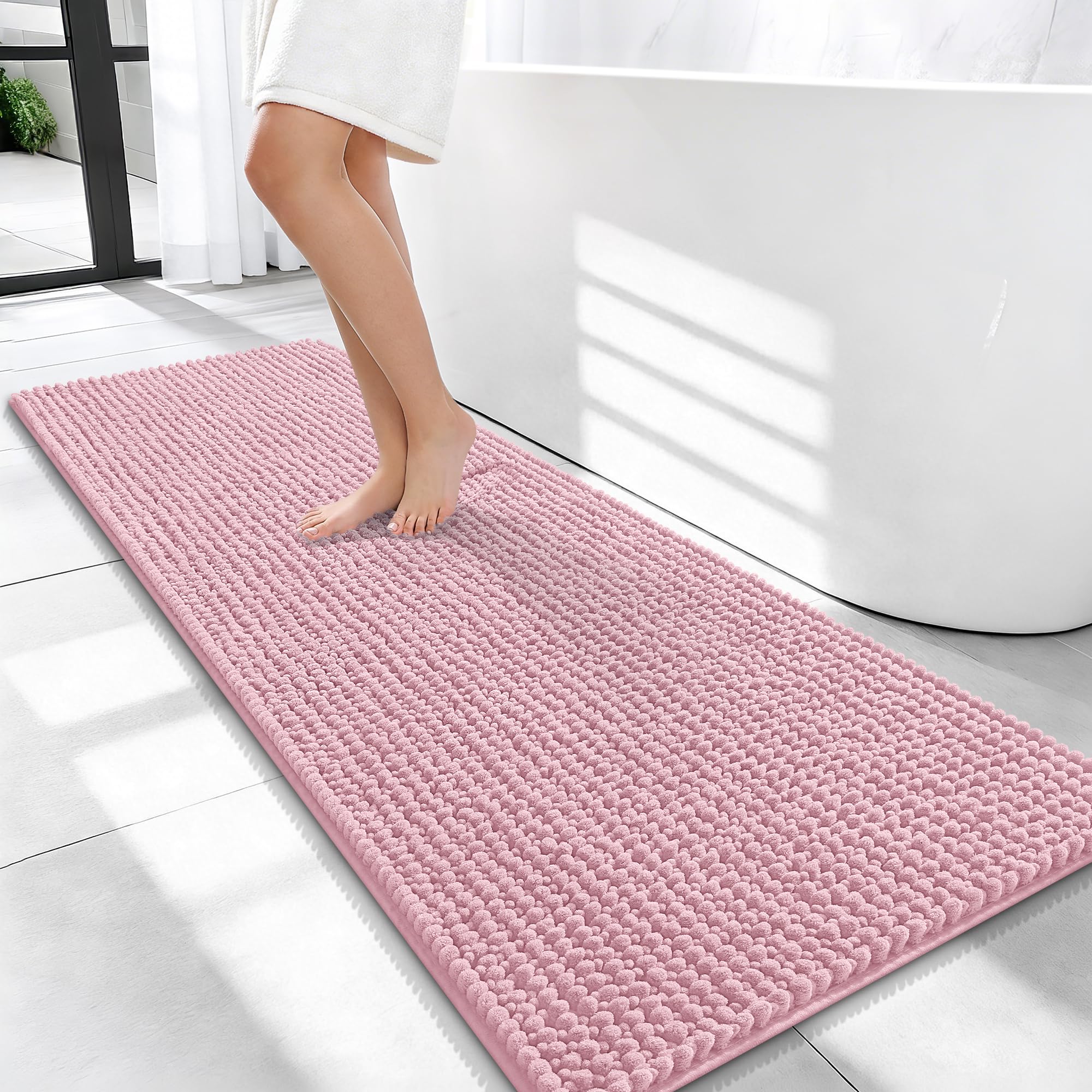 OLANLY Thick Chenille Bathroom Runner Rugs Mats 47x20, Dusty Rose
