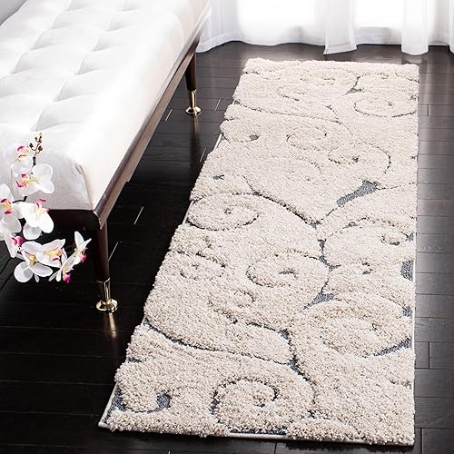 SAFAVIEH Florida Shag Collection Runner Rug - 2'3" x 11', Beige & Blue Grey, Scroll Design, Non-Shedding & Easy to Clean, High-Low Plush Pile, Ideal for Bedroom, Foyer, Hallway (SG455-1155)