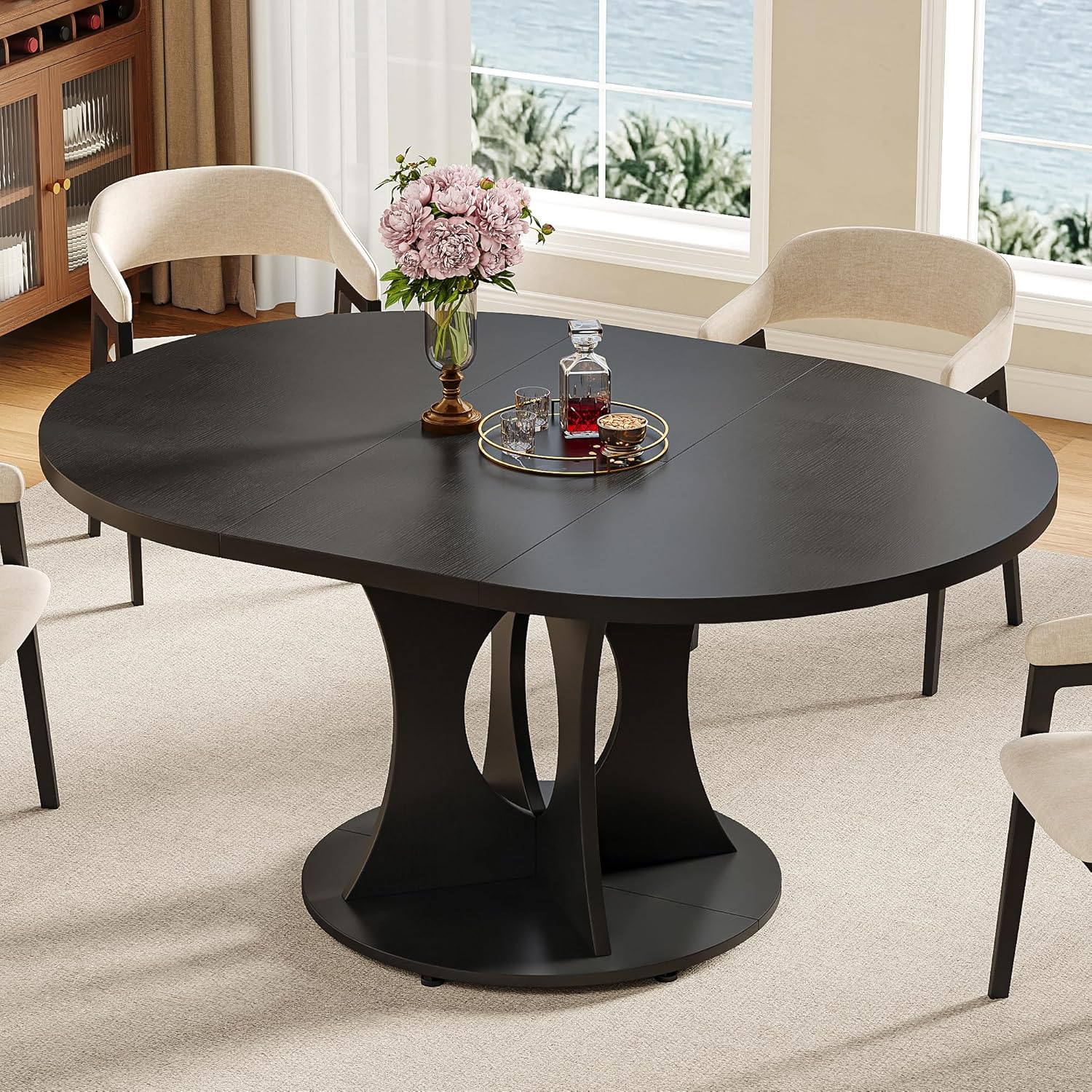 iPormis 43.3-59 Inch Extendable Round Dining Table for 6-8 People, Oval Dinner Table with Adjustable Top and A Stable Round Pedestal Base, Space Saving Wooden Kitchen and Dining Table, Black