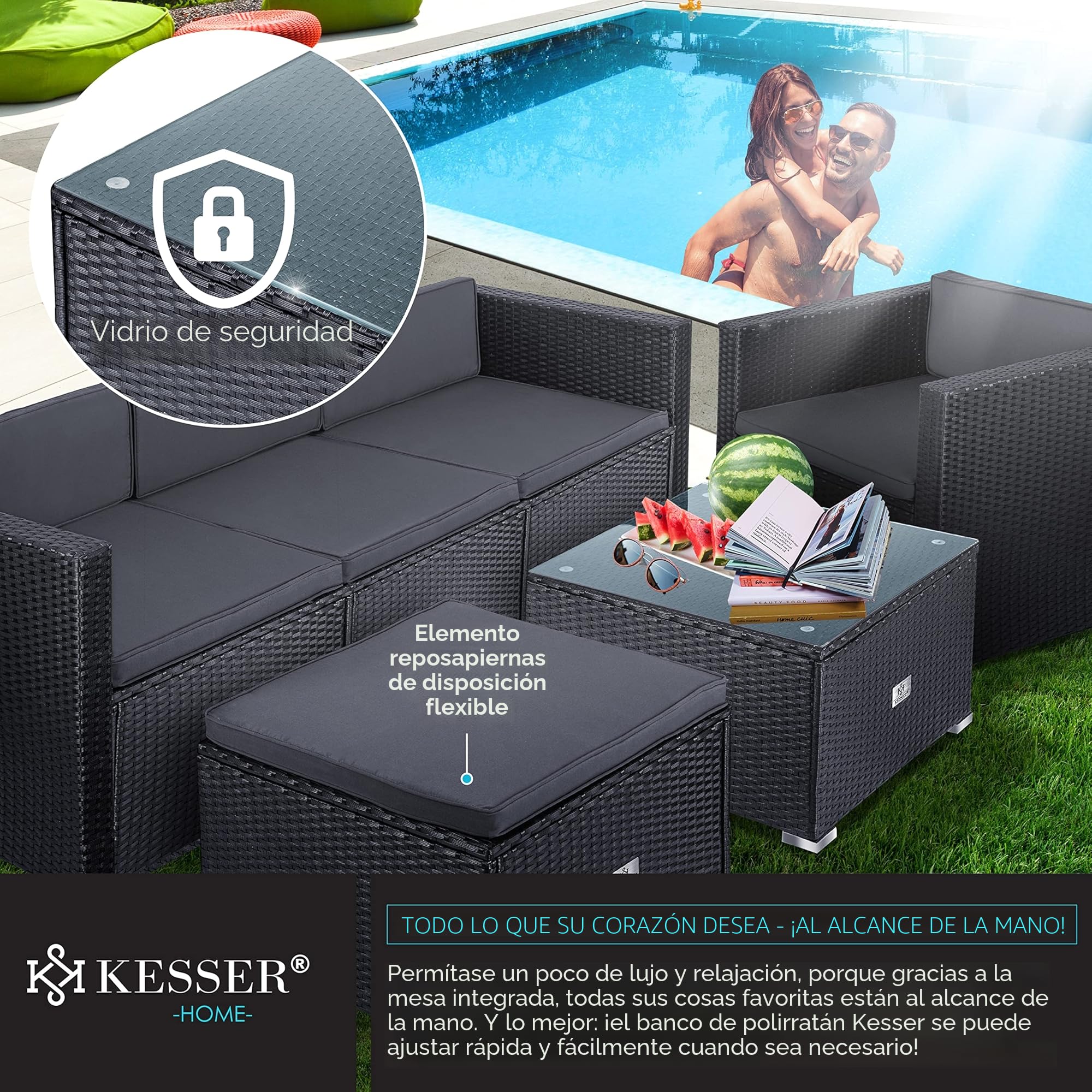 KESSER® Polyrattan Lounge Aruba, Juego de jardín para 4-5 Personas, Conjunto de Muebles de jardín, Grupo de 3 sofá de jardín, sillón, Taburete y Mesa Auxiliar con Cojines de Asiento
