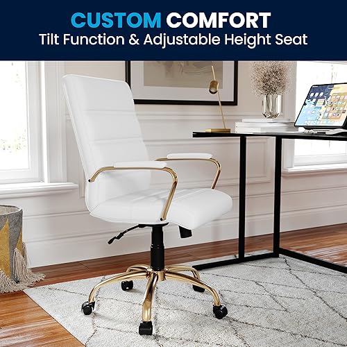 Miniatura 7 de Flash Furniture - Silla giratoria Whitney de respaldo medio con asiento y reposabrazos acolchados de LeatherSoft, silla de oficina ajustable en