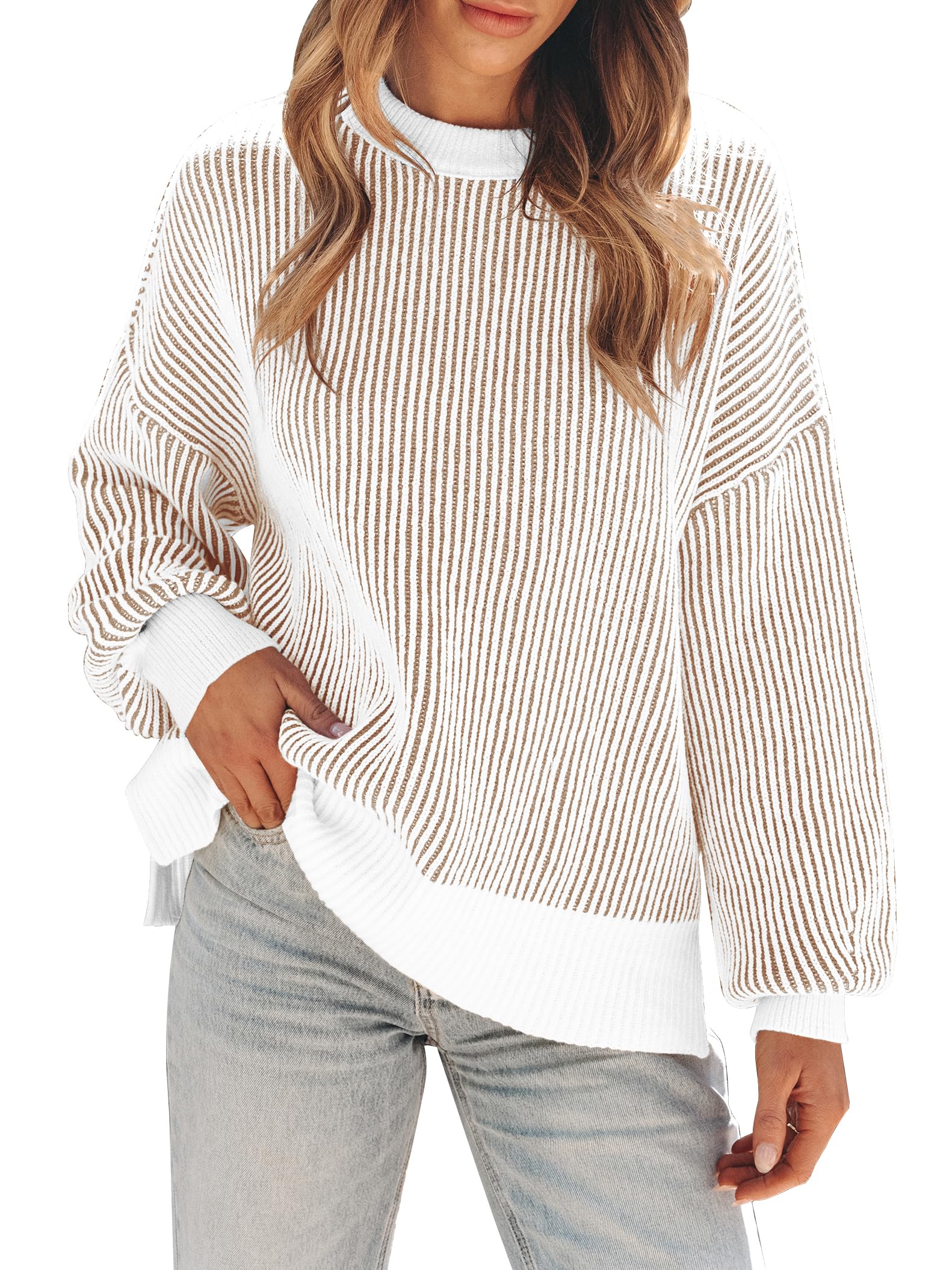 Womens Sweaters Fall 2025 Clothes Oversized Long Sleeve Colorblock Striped Knit Pullover Tops Casual Winter Trendy Outfits