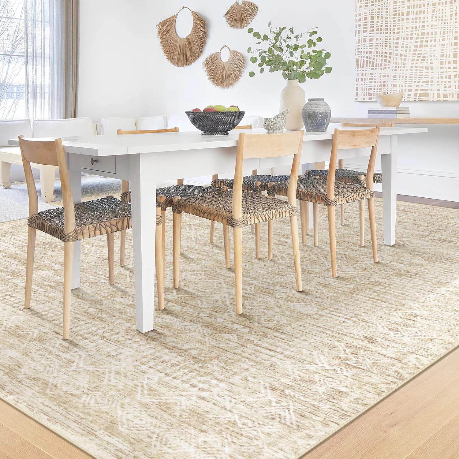 6x9 Area Rugs for Living Room: Washable Moroccan Geometric Boho Rug Farmhouse Non Slip Stain Resistant Large Rug Low Pile Soft Carpet for Bedroom Dining Room Home Office Children Room (Beige,6'x9') Beige 6' x 9' (Rectangular)