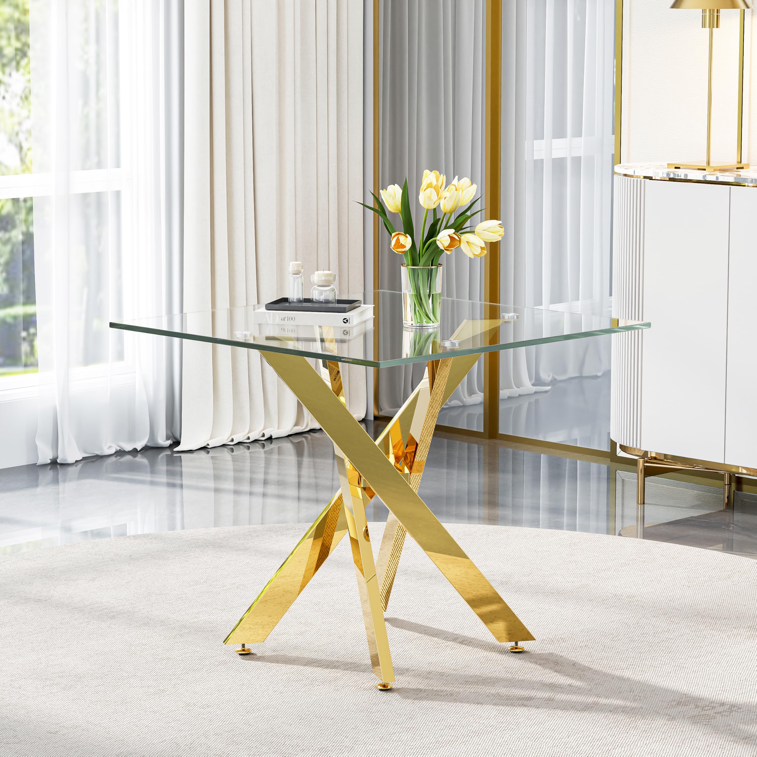 36 inch Square Glass Dining Table for 4 People,Modern Kitchen Table with Gold Chrome Legs,Dining Room/Apartment/Bistro Setting