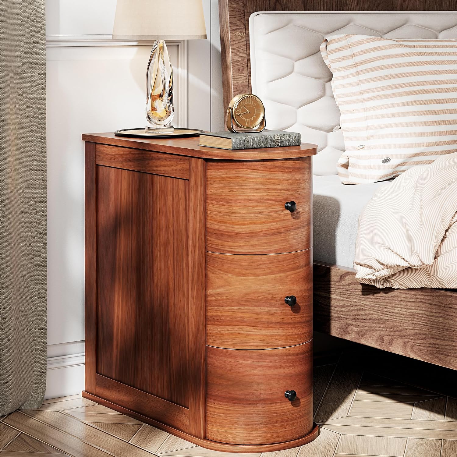 Vongrasig Narrow Nightstand with 3 Drawers, Wood Small Side Table for Bed or Sofa, Vintage Slim Night Stand for Living Room/Bedroom, Walnut