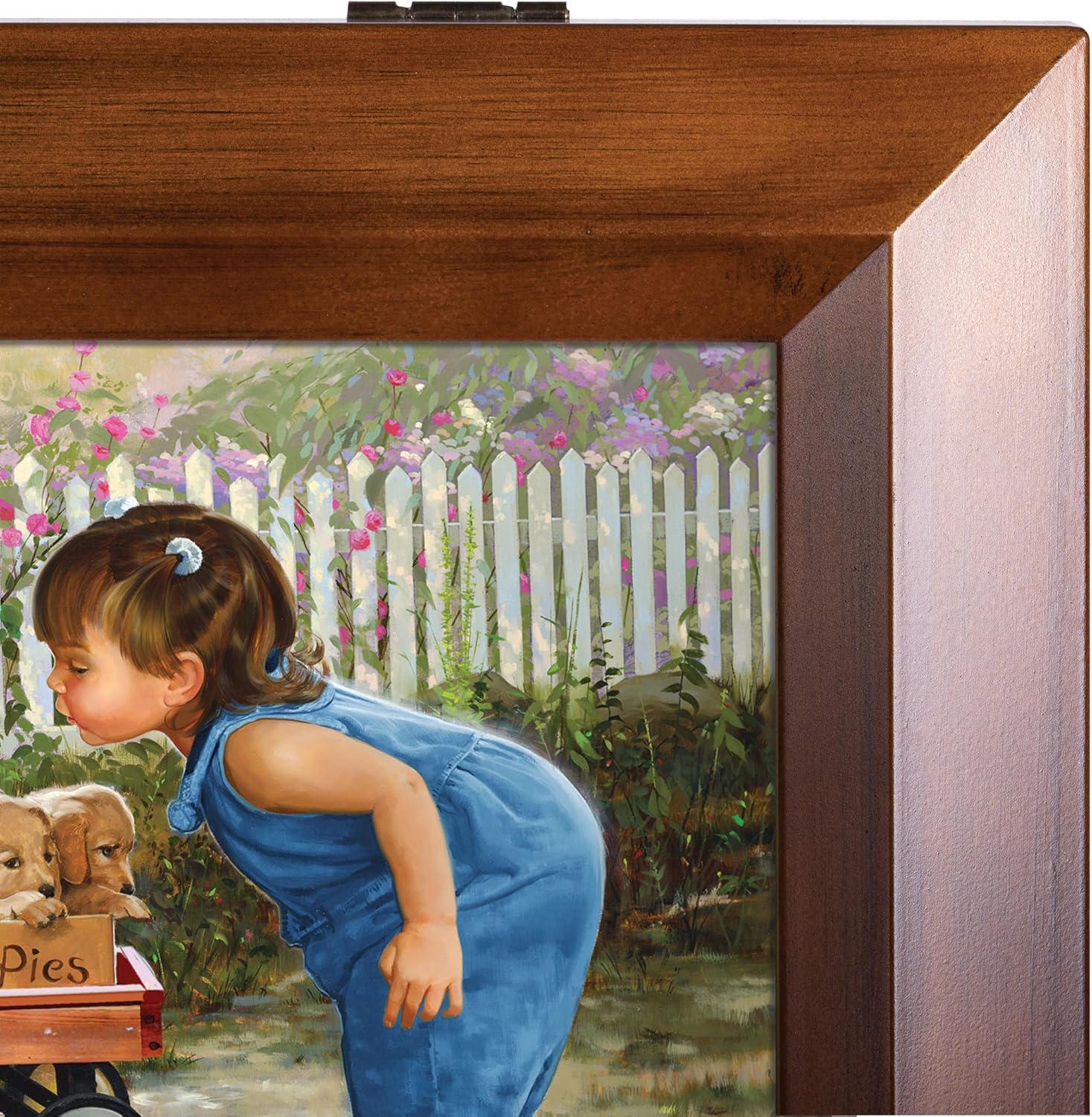 Cottage Garden Little Girl Free Puppies Red Wagon Wood Finish Jewelry Music Box - Plays Tune You are My Sunshine