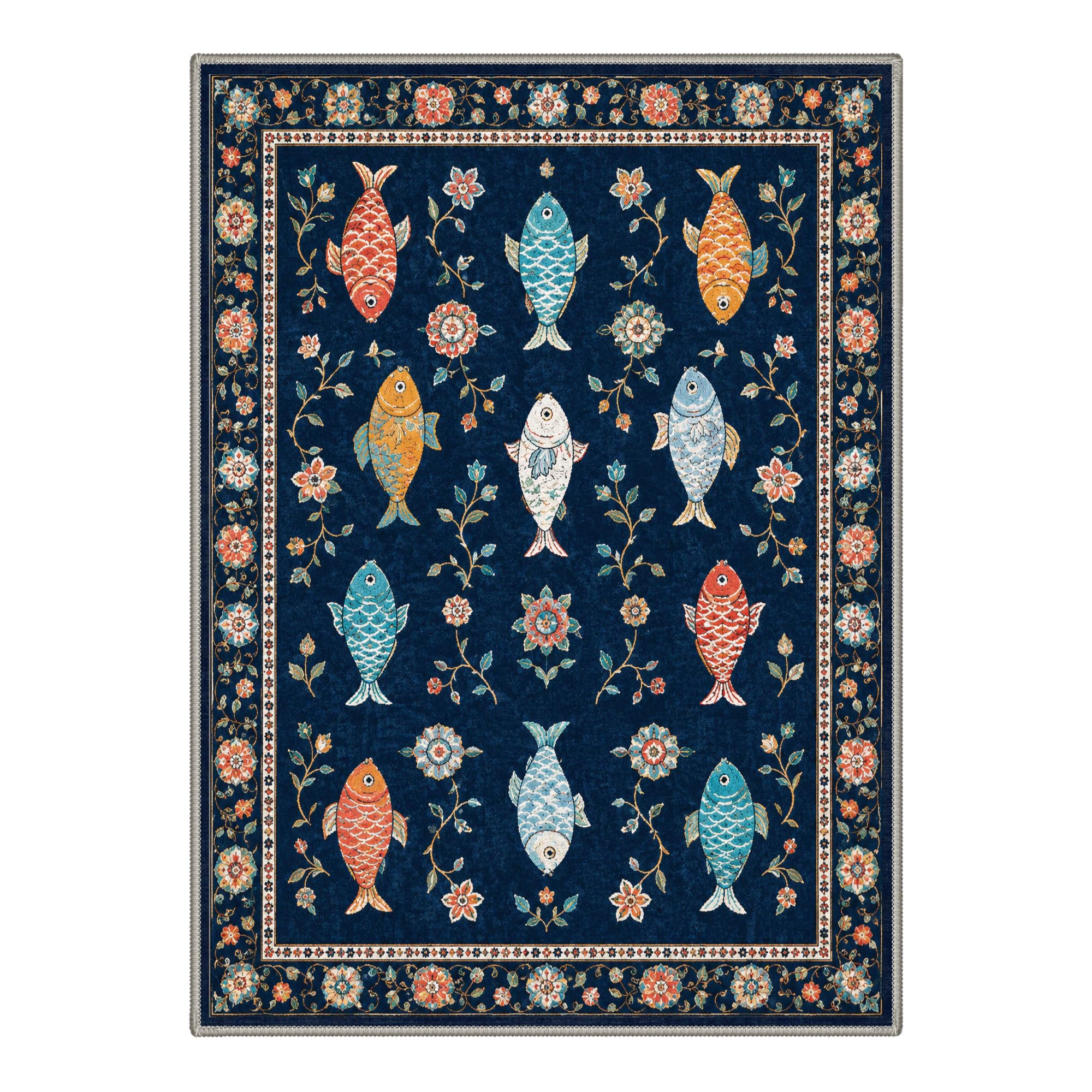 Tapis Salon 160x230 cm - Vintage Natural Style Large Non-Slip Area Rug for Living Room Or Bedroom in Indigo Bloom