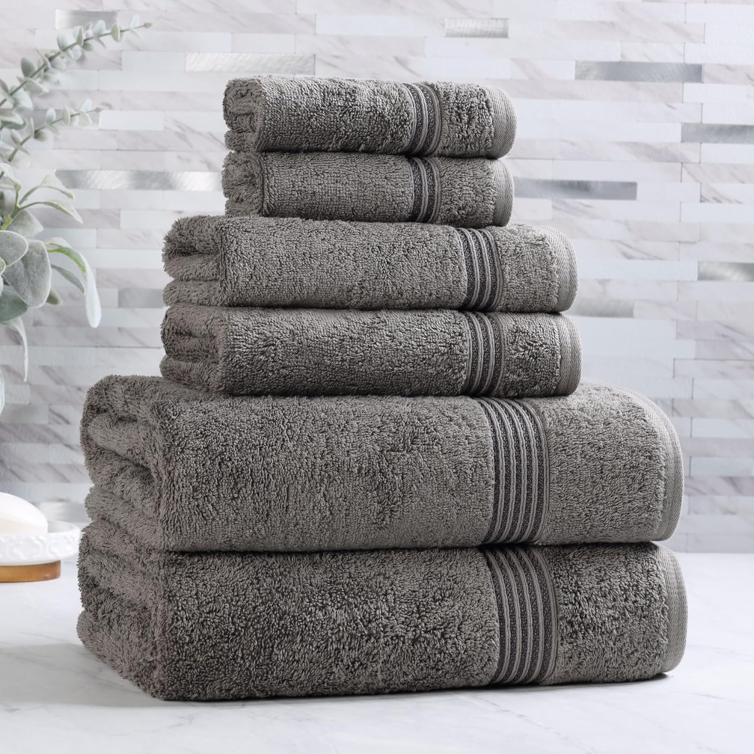 Superior Egyptian Cotton 6-Piece Towel Set, Assorted Towels for Home Bathroom, Master, Guest Bath, Decor Essentials, Includes 2 Bath, 2 Hand, 2 Face Towels/Washcloths, Quick Dry, Absorbent, Charcoal