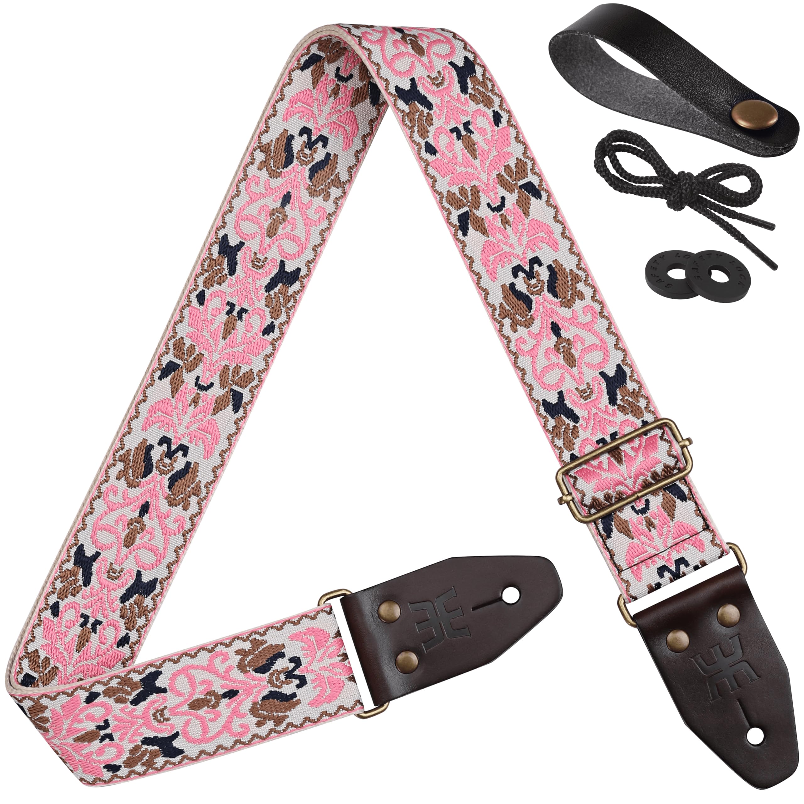 Amumu Pink Spades Heart Embroidery Guitar Strap, Vintage Style with Top Grain Cowhide Leather Ends & Pick Pocket, Fits Bass