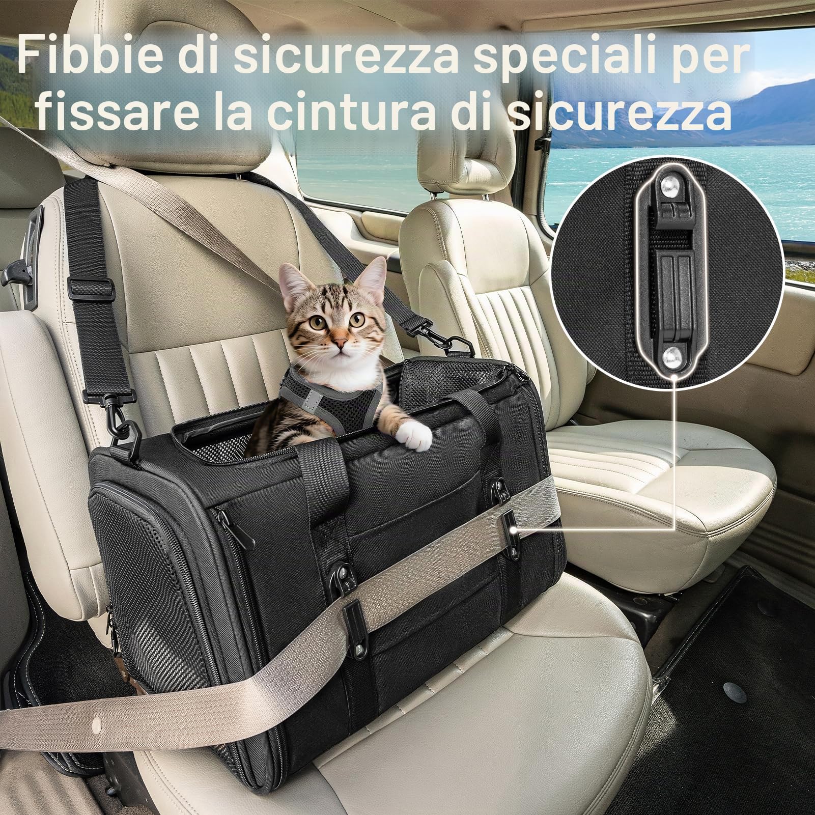 Petsfit Trasportino per Gatti con Fibbia di Sicurezza Brevettata – Sedile Auto per Gatti a Prova di Fuga con Cerniera Bloccabile e Imbracatura Anti-Perdita, Trasportino Sicuro con Lati Morbidi, Adatto