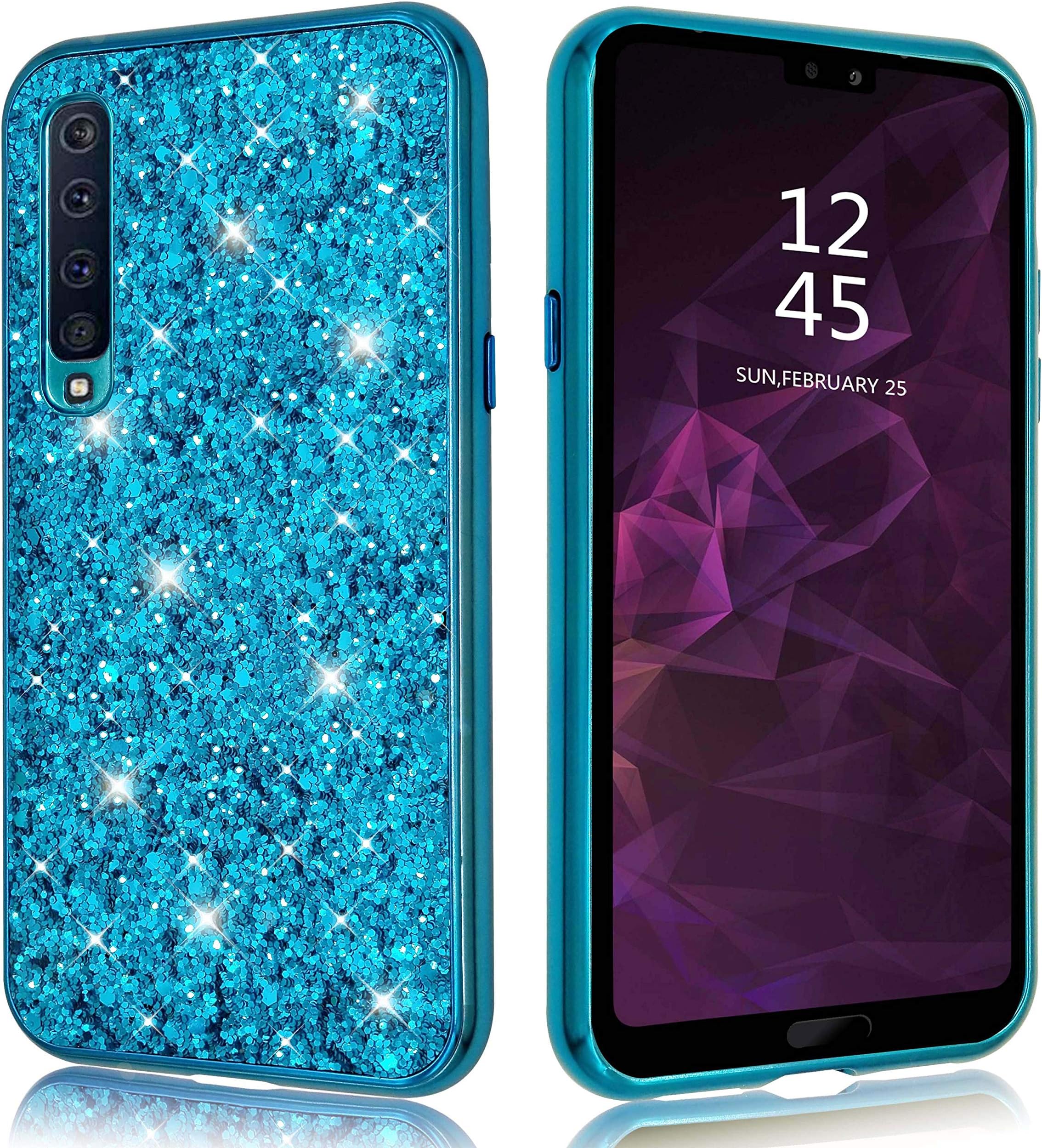 Aokebr Glitter Shiny Bling Sequin Case for Samsung Galaxy A7 2018 Sparkle Hard Luxury Thin Soft Cute Girl Women Phone Cover for Samsung GALAXYA7 (2018) (Blue)