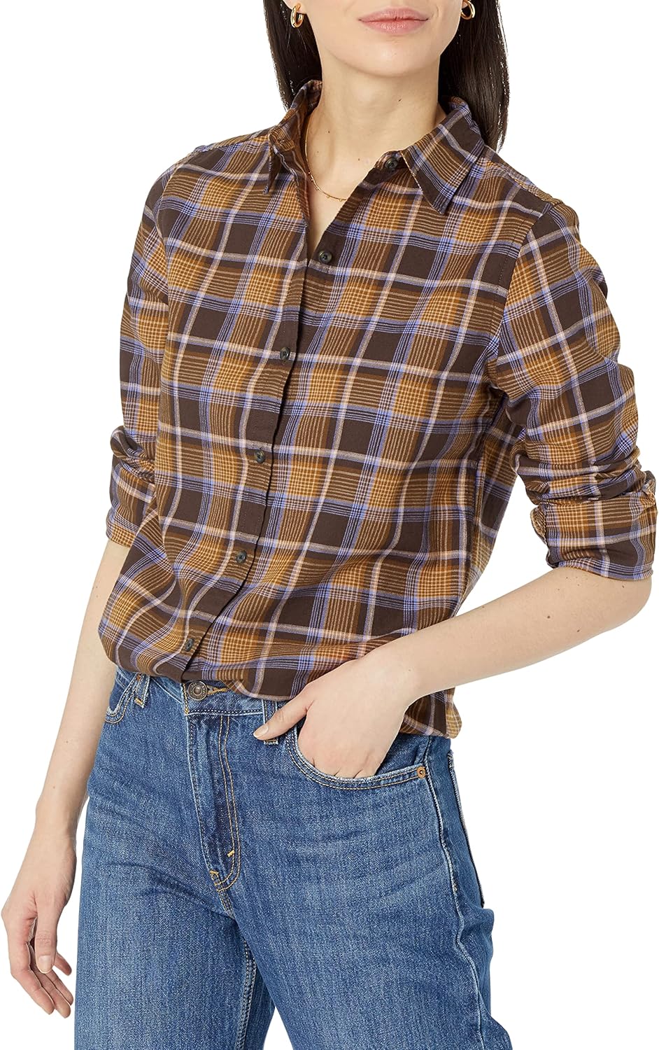 Amazon Essentials Womens Regular-Fit Long-Sleeve Lightweight Plaid Flannel Shirt
