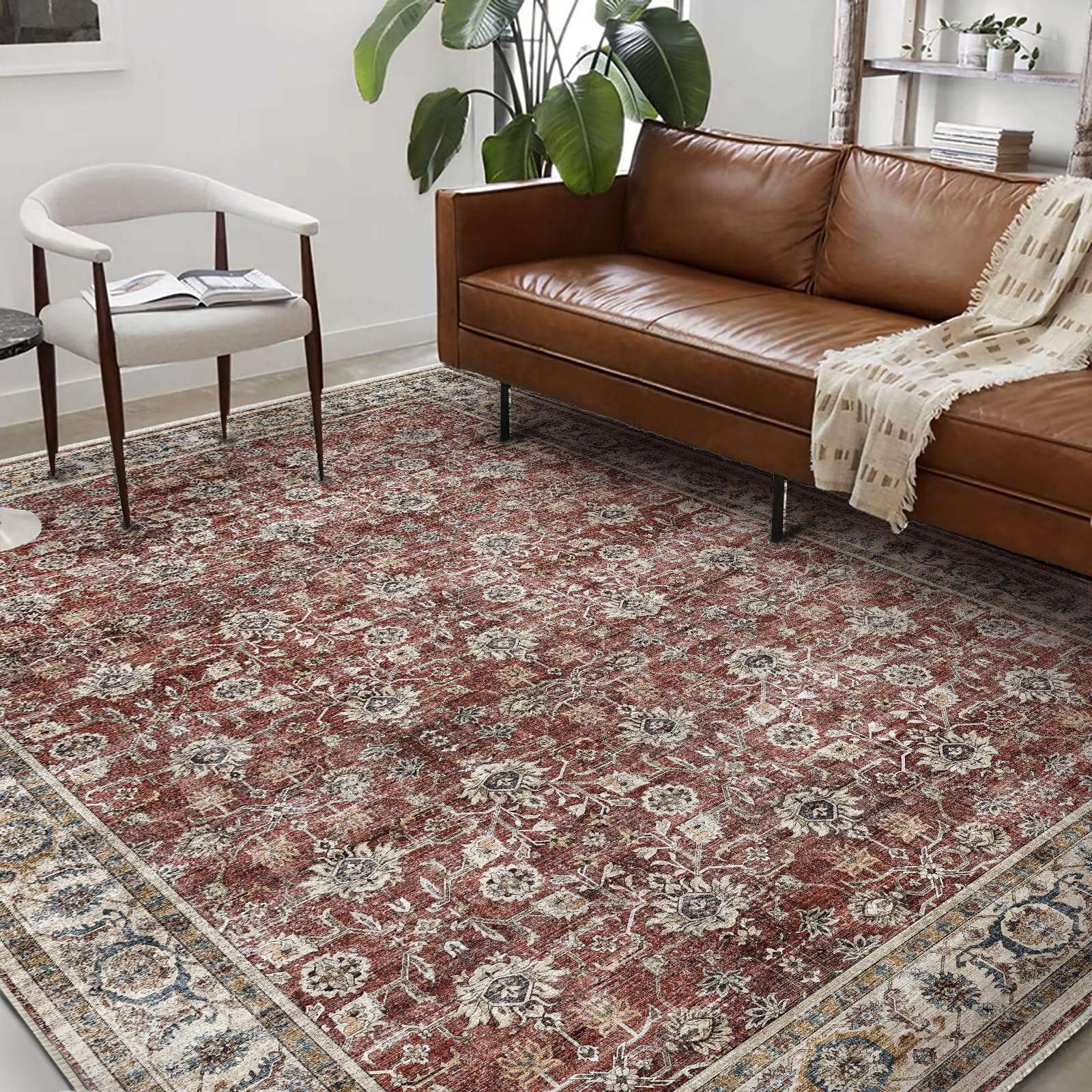 Washable Area Rug 8'x10' Boho Design Non-Shedding Non-Slip Easy Care Ideal for High Traffic Areas in Living Room Bedroom Office Coffee Table Kitchen Large Carpet