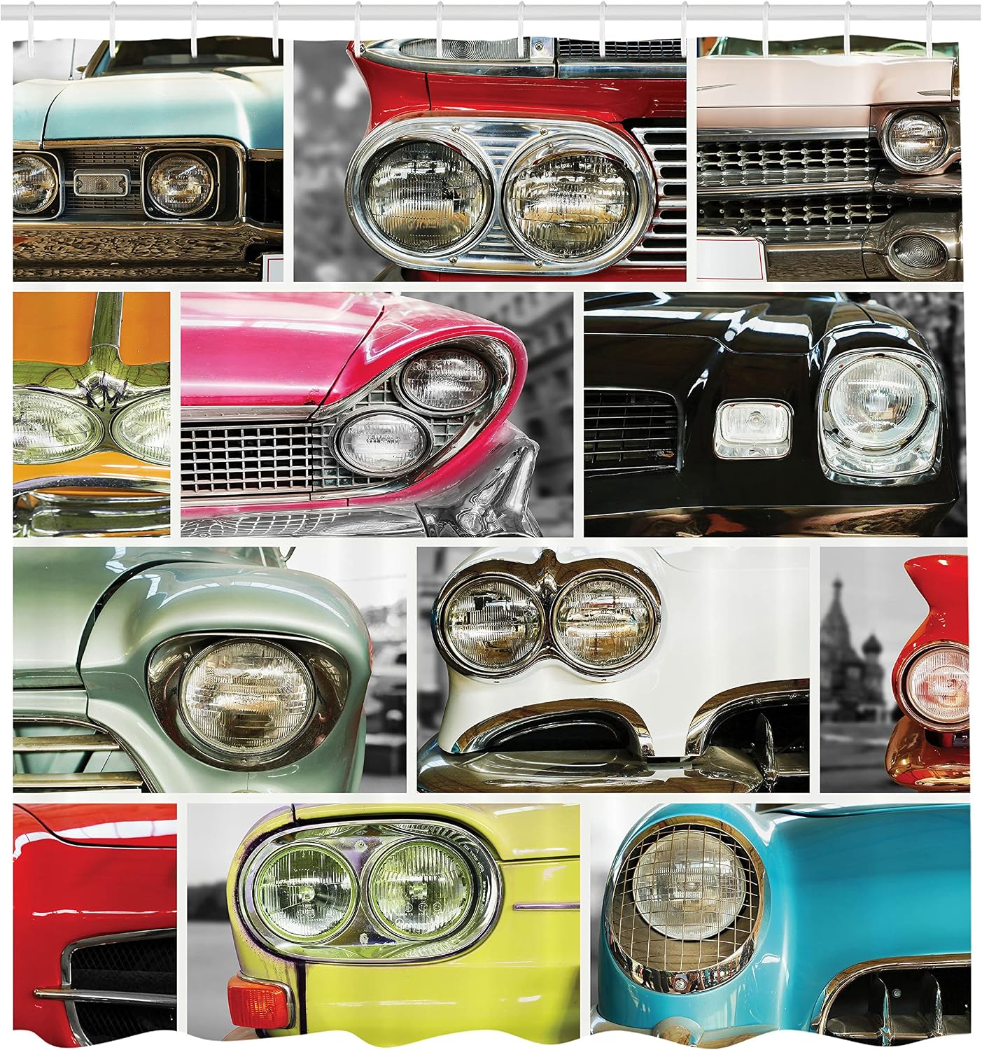 Ambesonne 1960s Shower Curtain, Colorful Classic Car Frames Retro Automobile Collage Bumper and Headlights Classics City Vehicle, Cloth Fabric Bathroom Decor Set with Hooks, 69" W x 84" L, Pink Black